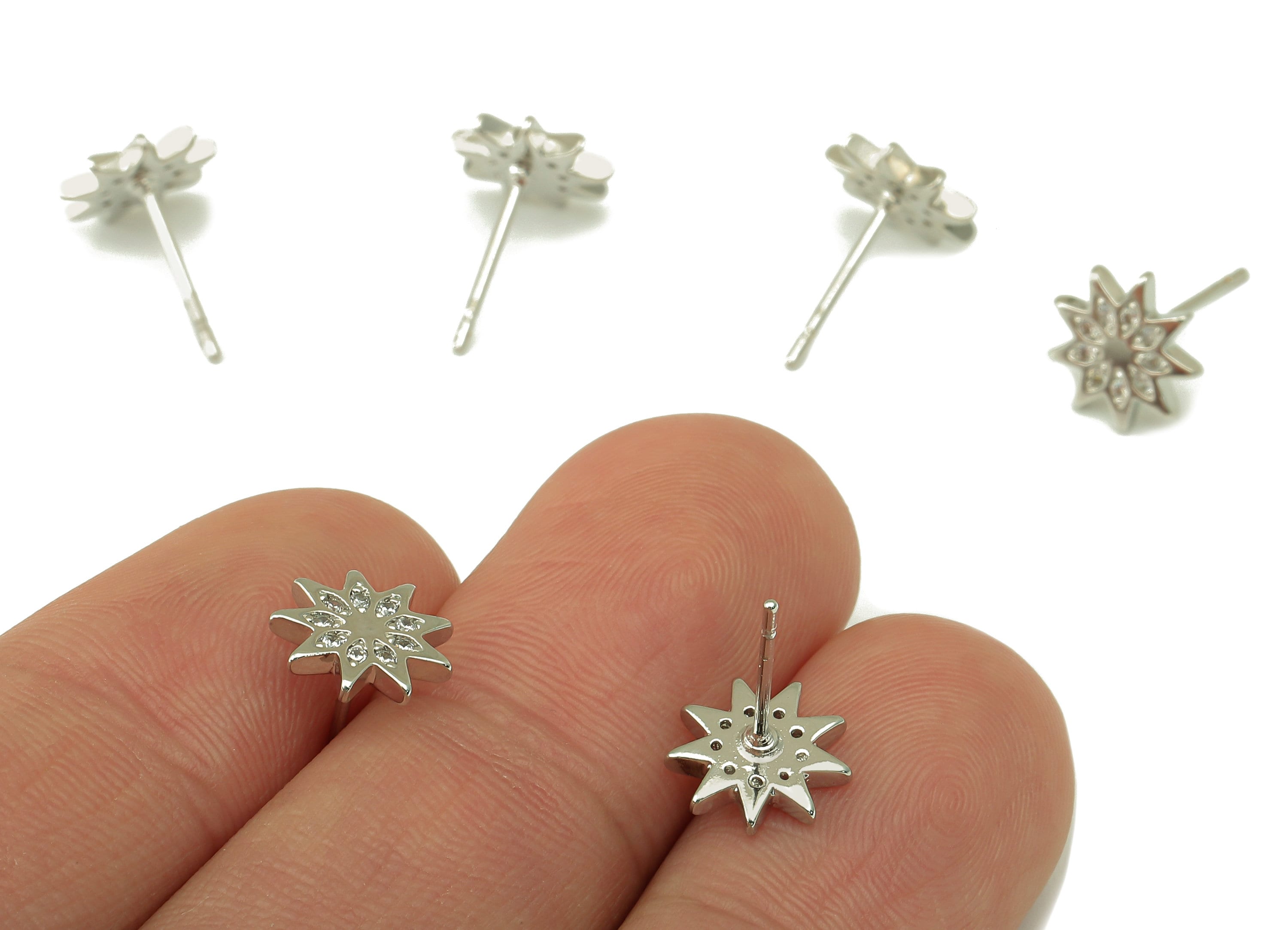 Silver Flower Earring Stud with Zircons -Star Steel Stud - Earring Post -18K Real White Gold Plated - Jewelry Supplies-9x9x1.5mm-RGP5928S - DOMEDBAZAAR
