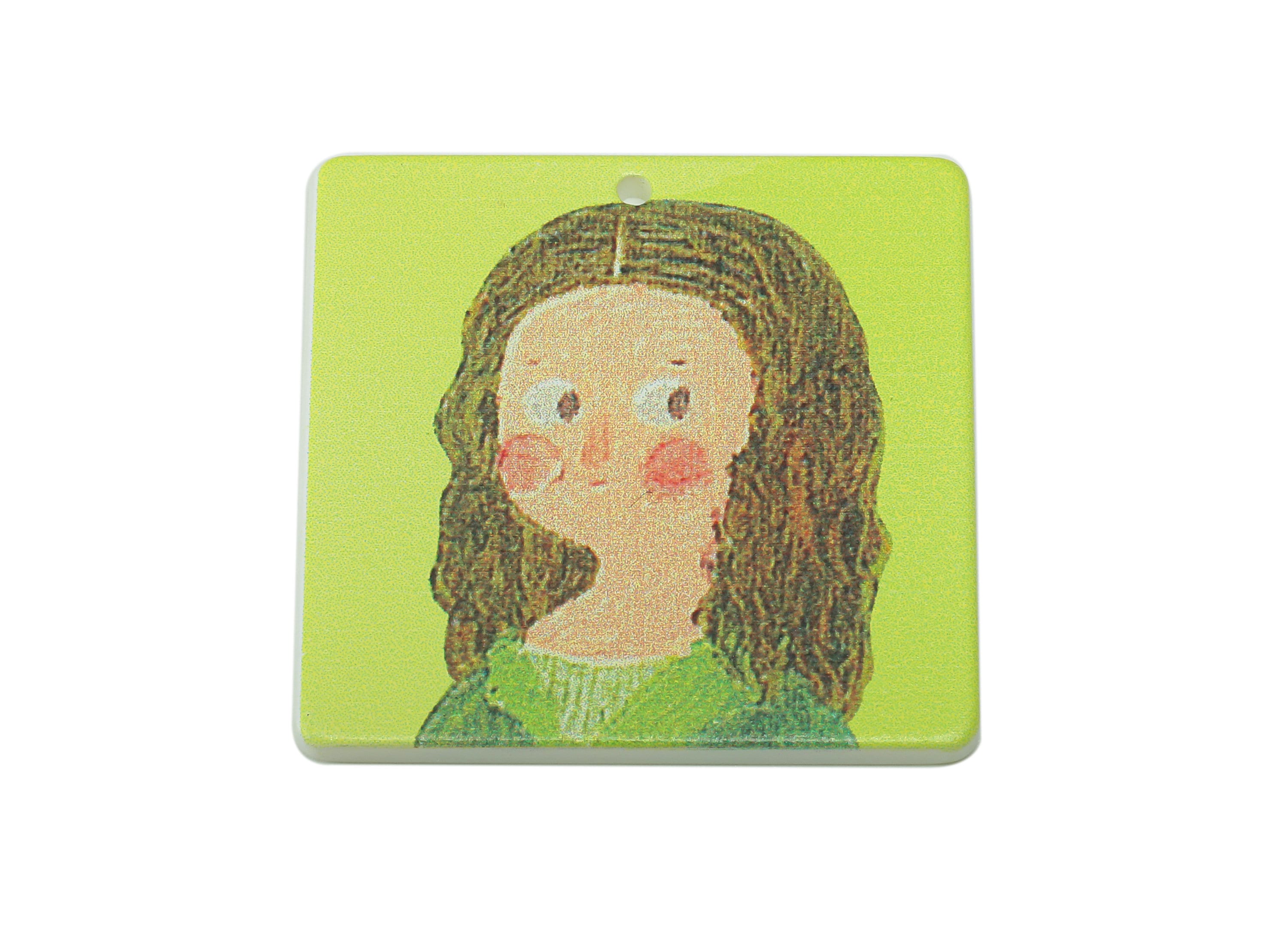 Square Acrylic Charm - Green Portrait Pendant Charm – Square Girl Earring Charm – DIY Jewelry Making Supplies -34x 34.2 x 2.02mm - AC2595 - DOMEDBAZAAR
