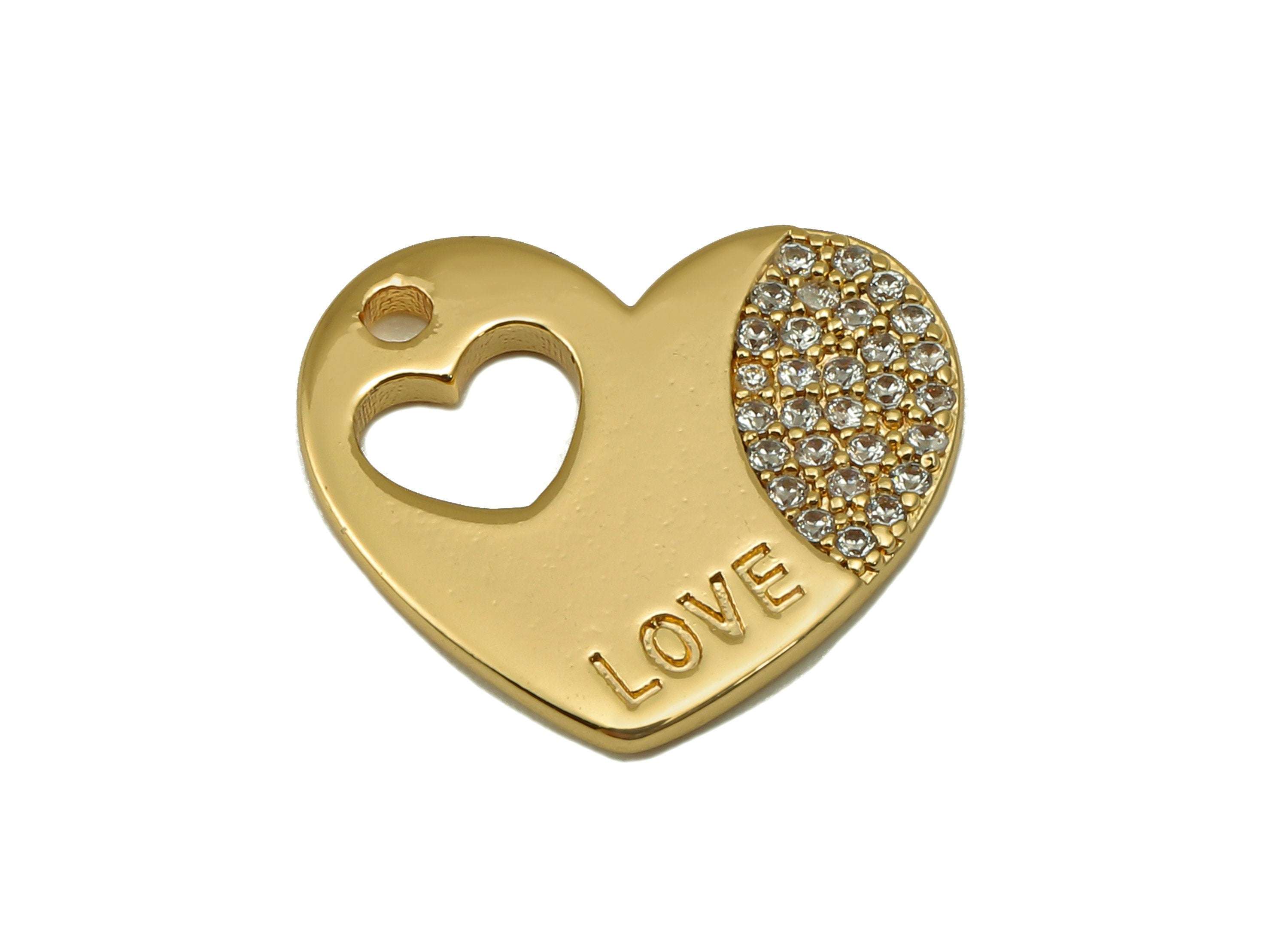 Brass Heart Earring Charm - Brass Love Heart Pendant - Cubic Zircon Earring- 18k Genuine Gold Plated-Jewelry Making-15.5x17.7x1.7mm-RGP6600 - DOMEDBAZAAR