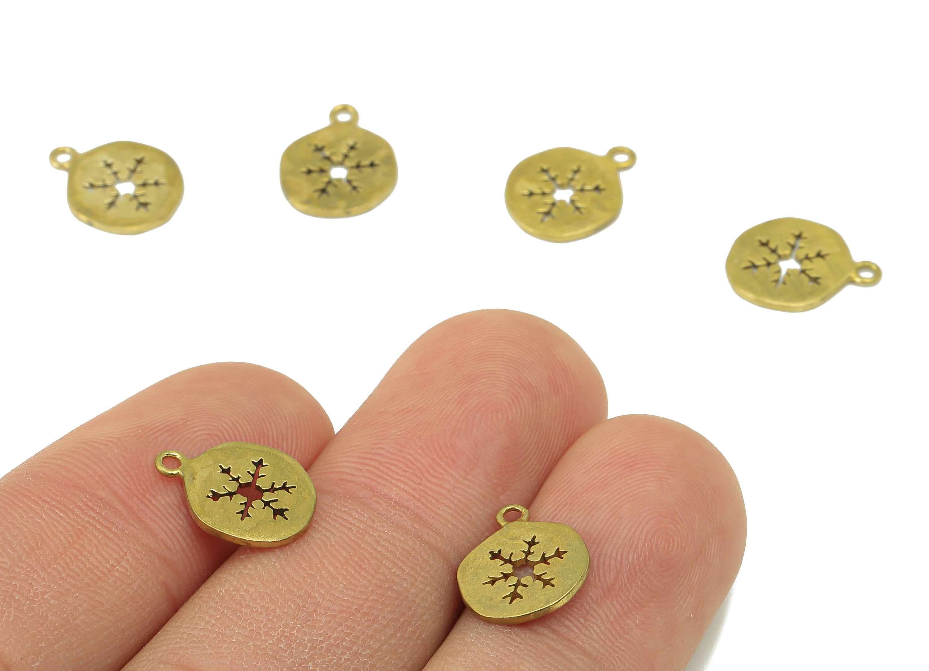 Brass Round Earring - Raw Brass Snowflake Pendant-Winter Charm-Earring Charms - For Necklace - Jewelry Supplie -12x 10 x 0.79mm-PP8312 - DOMEDBAZAAR
