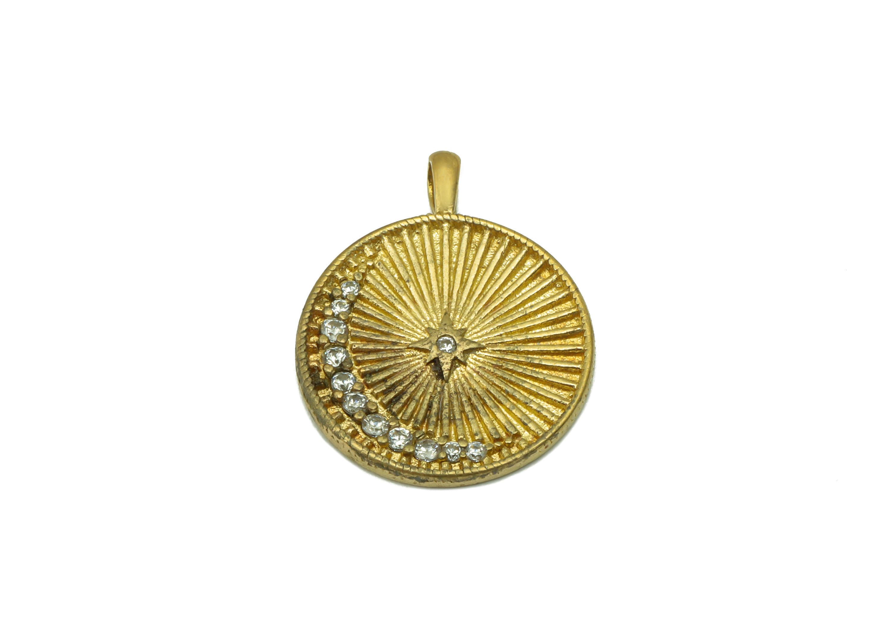 Brass Round Earring Charm - Brass Crescent CZ Charm -Cubic Zirconia Textured Star Pendant - jewelry supplies - 21.12x 16.64x1.35mm - PP8523 - DOMEDBAZAAR