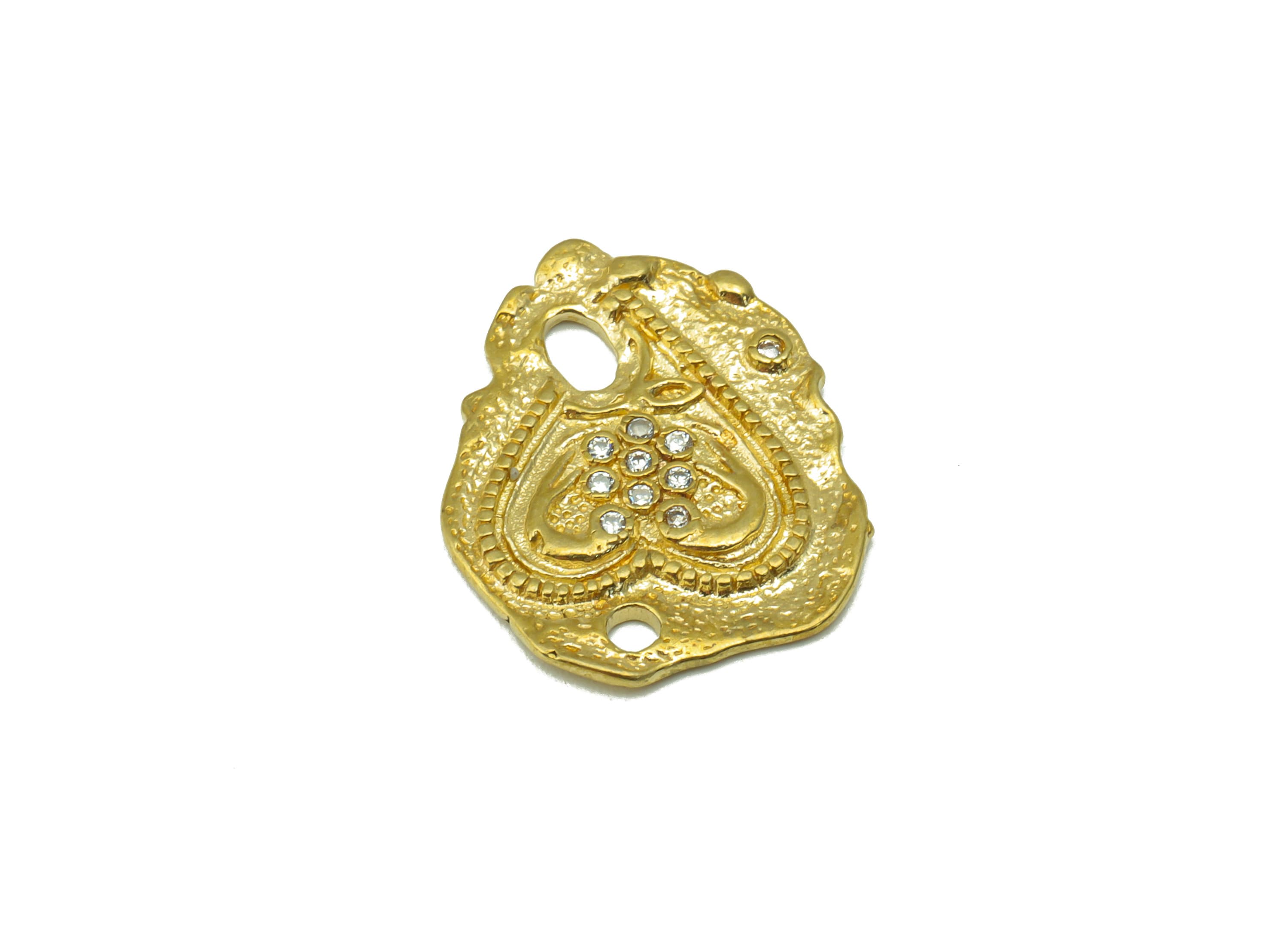 Brass Textured Earring Charm - Brass Heart CZ Charm -Cubic Zirconia Antique Looking Pendant - jewelry supplies - 20.28x15.97x1.32mm - PP8525 - DOMEDBAZAAR