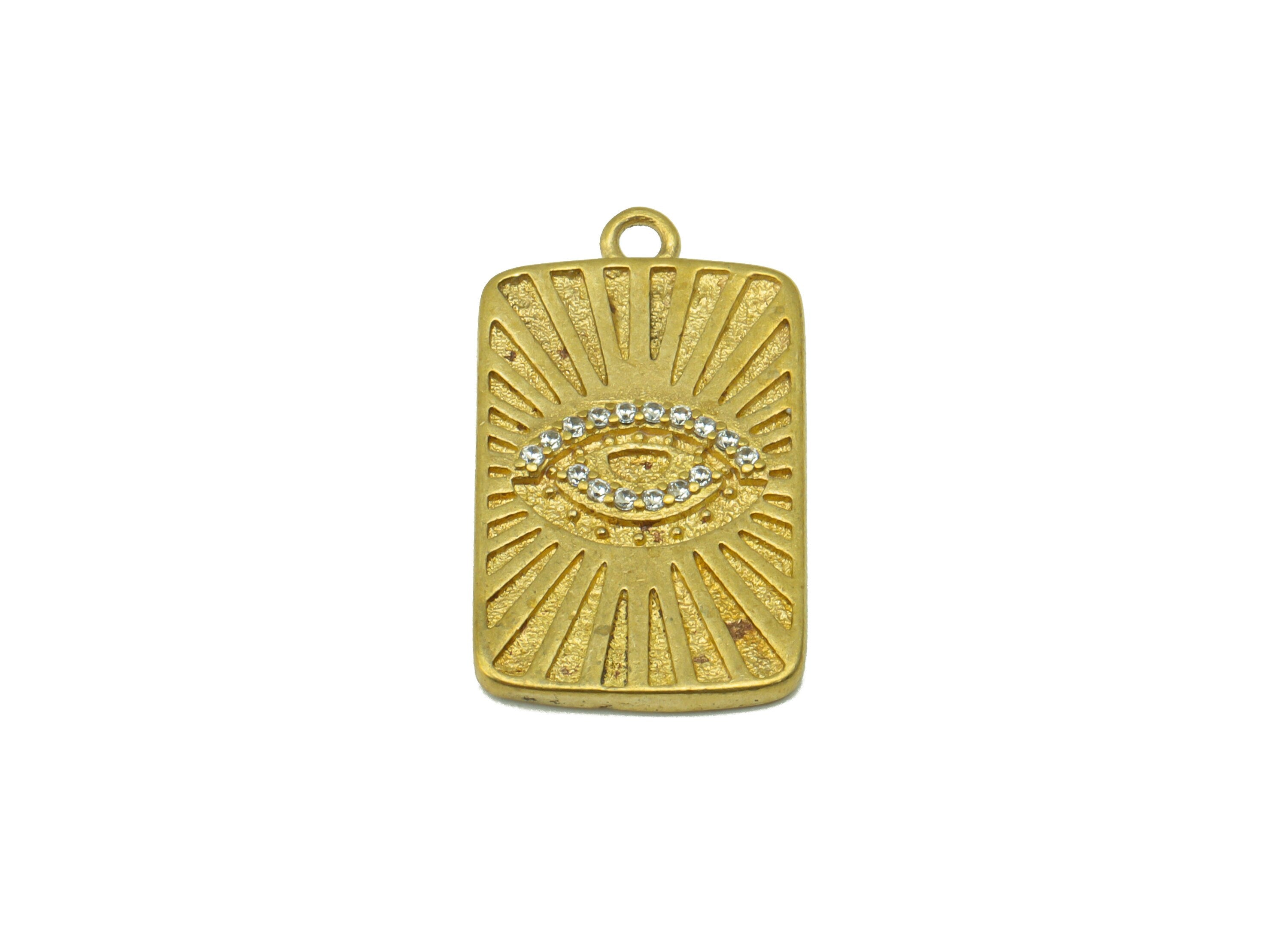 Brass Rectangle Earring Charm - Brass Eye CZ Charm -Cubic Zirconia Textured Pendant - jewelry supplies -23.42 x 13.23 x 1.92mm - PP8526 - DOMEDBAZAAR