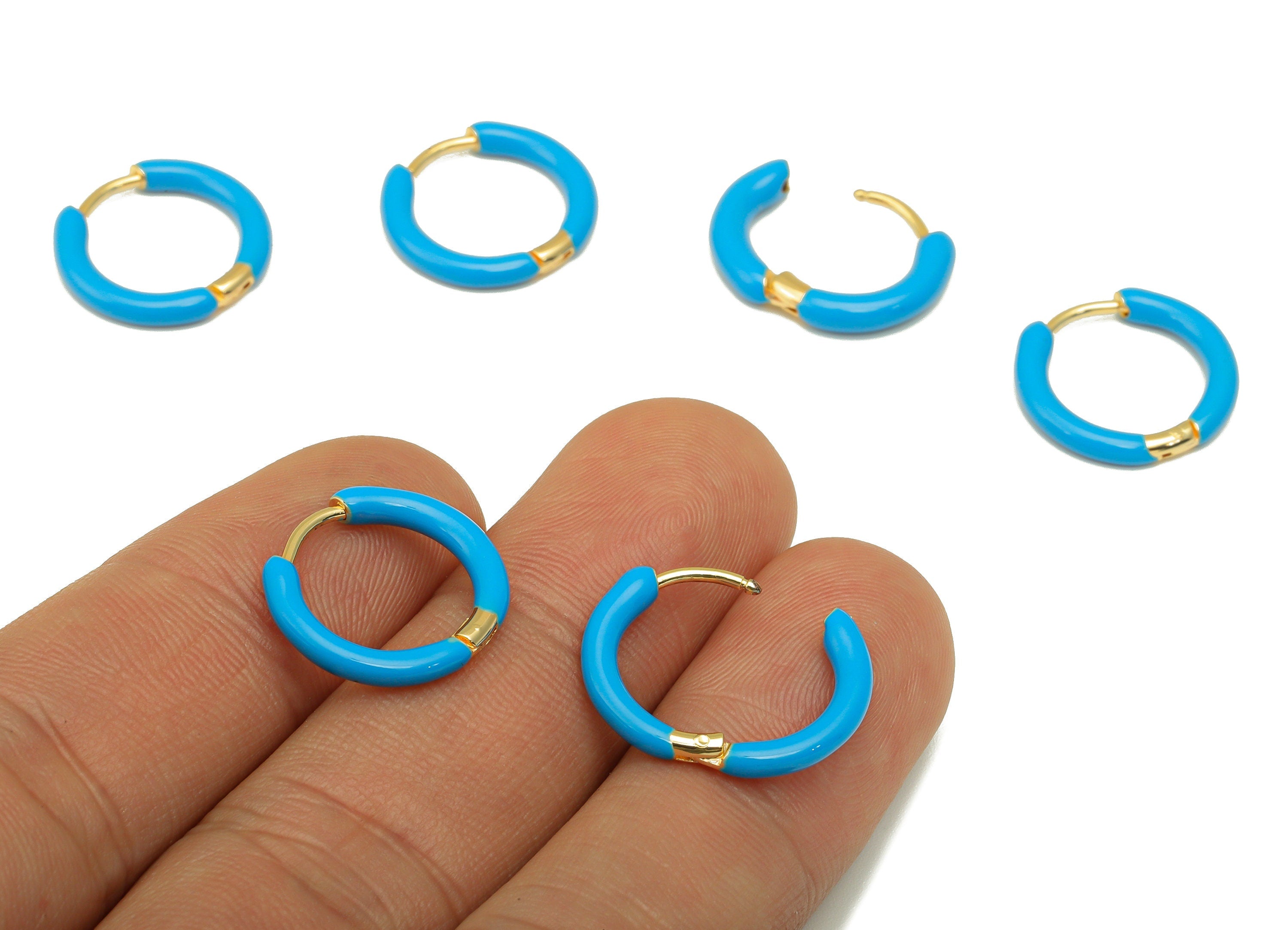 Stainless Steel Circle Earrings Clasps -Mini Blue Enamel Hoop Earrings -Huggie Hoop Clasp -18K Real Gold Plating-16.57x15.19x2.71mm-RGP5889A - DOMEDBAZAAR