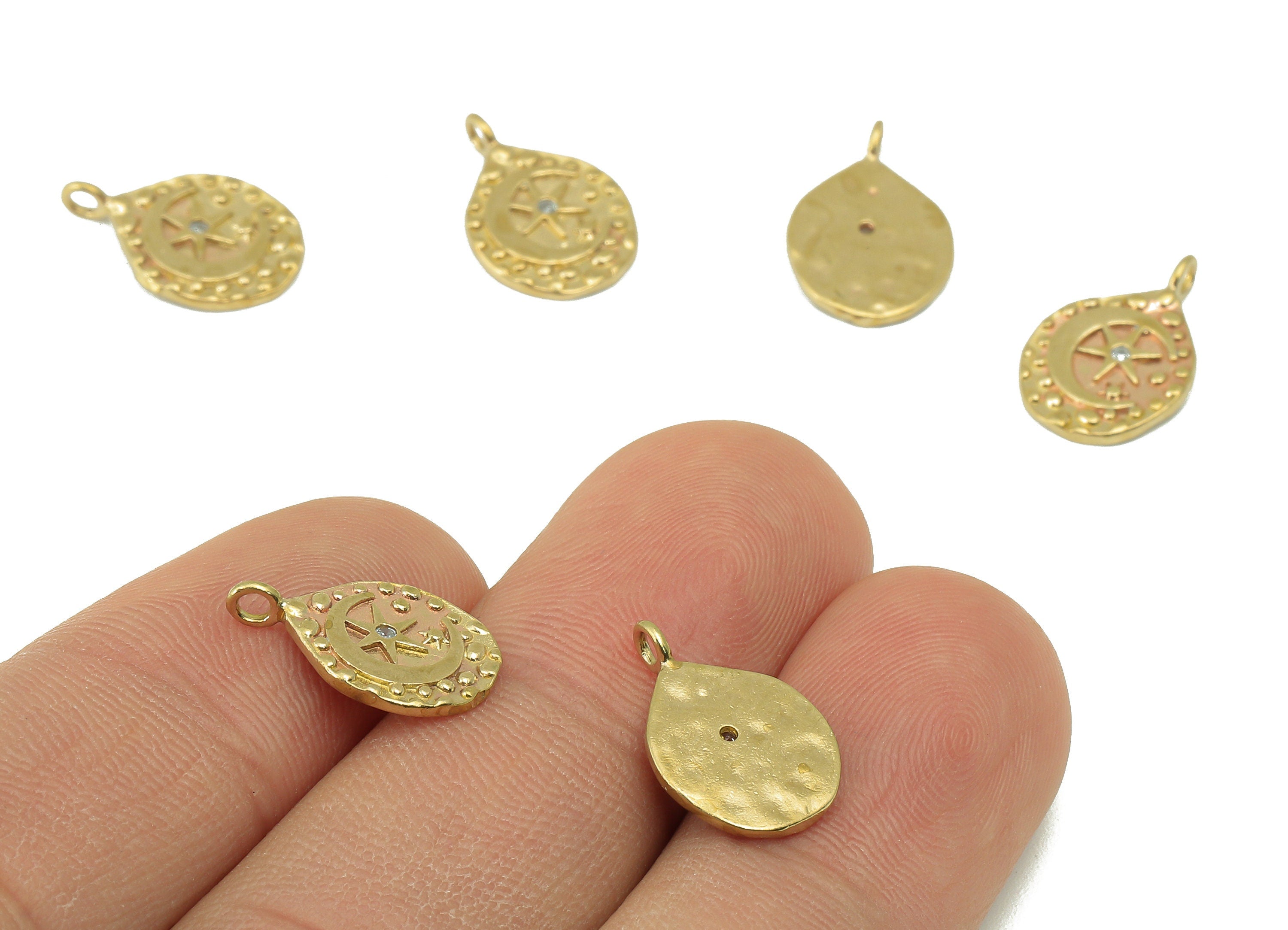 Brass Oval Earring Charm- Raw Brass Crescent Awn star Pendant-Sky Night Charm-Cubic Zircon -Jewelry Supplies-15 x 10 x 1.23mm-PP8331 - DOMEDBAZAAR
