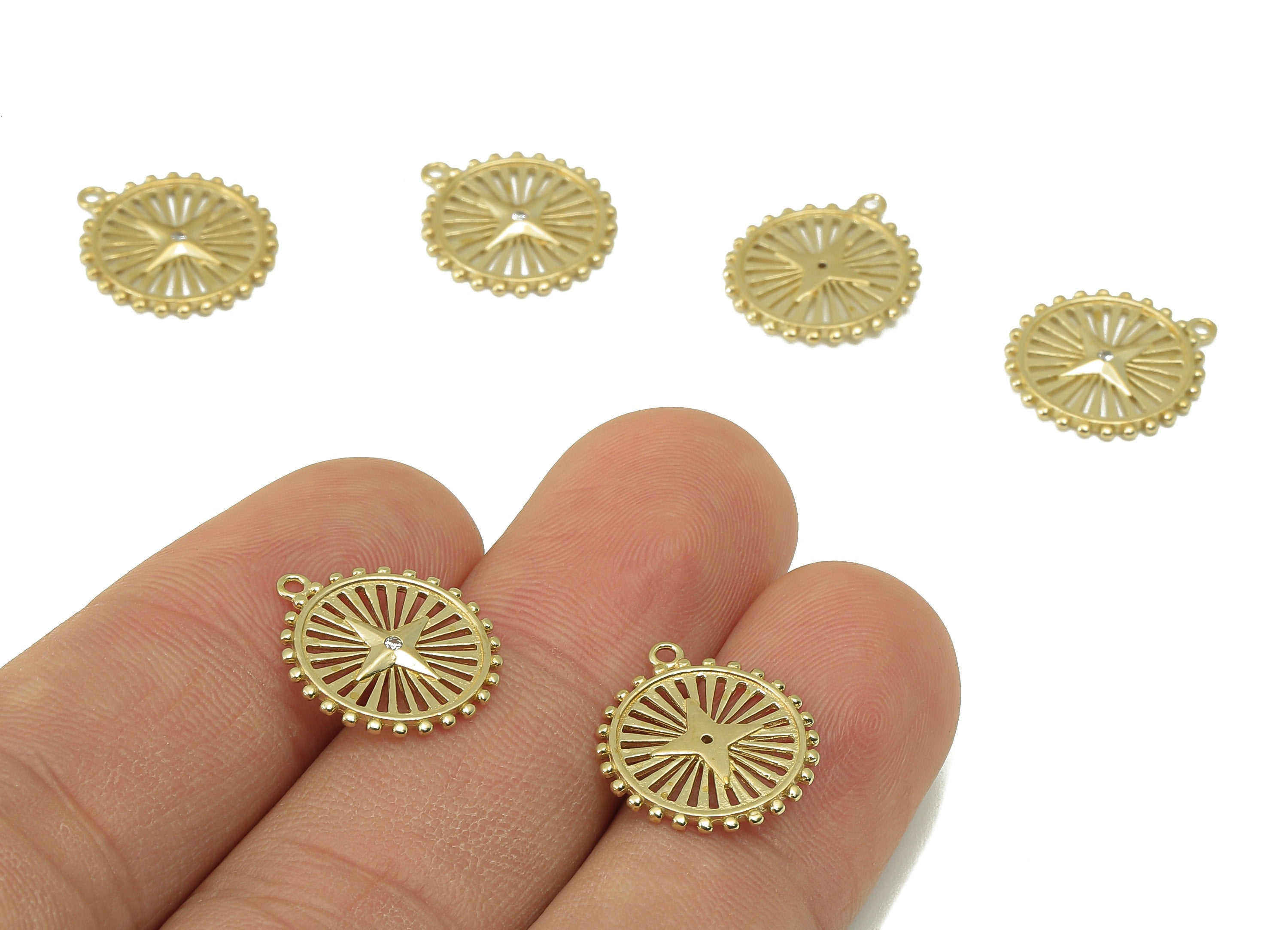 Brass Round Earring Charms-Raw Brass Star Charm-Cubic zircon-Circle Pendant With Loop -Wheel Charm-16x 14x 1.29mm-PP8346 - DOMEDBAZAAR