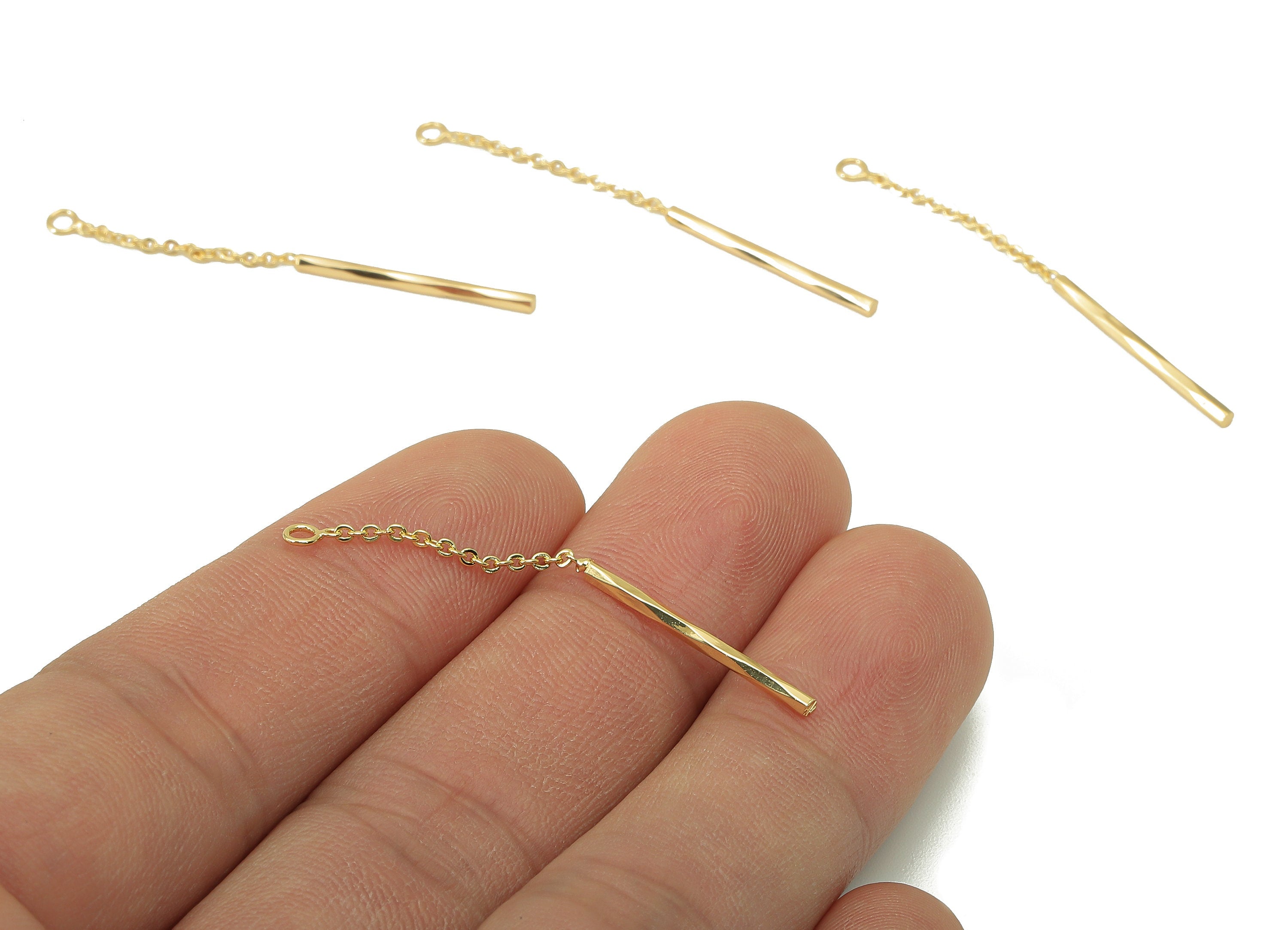 Brass Curb Chain Earring Charm - Cylinder Stick Earring - Textured Bar Pendant With Loop - 18K Real Gold Plated -43.25x1.5x 1.52mm- RGP5947 - DOMEDBAZAAR