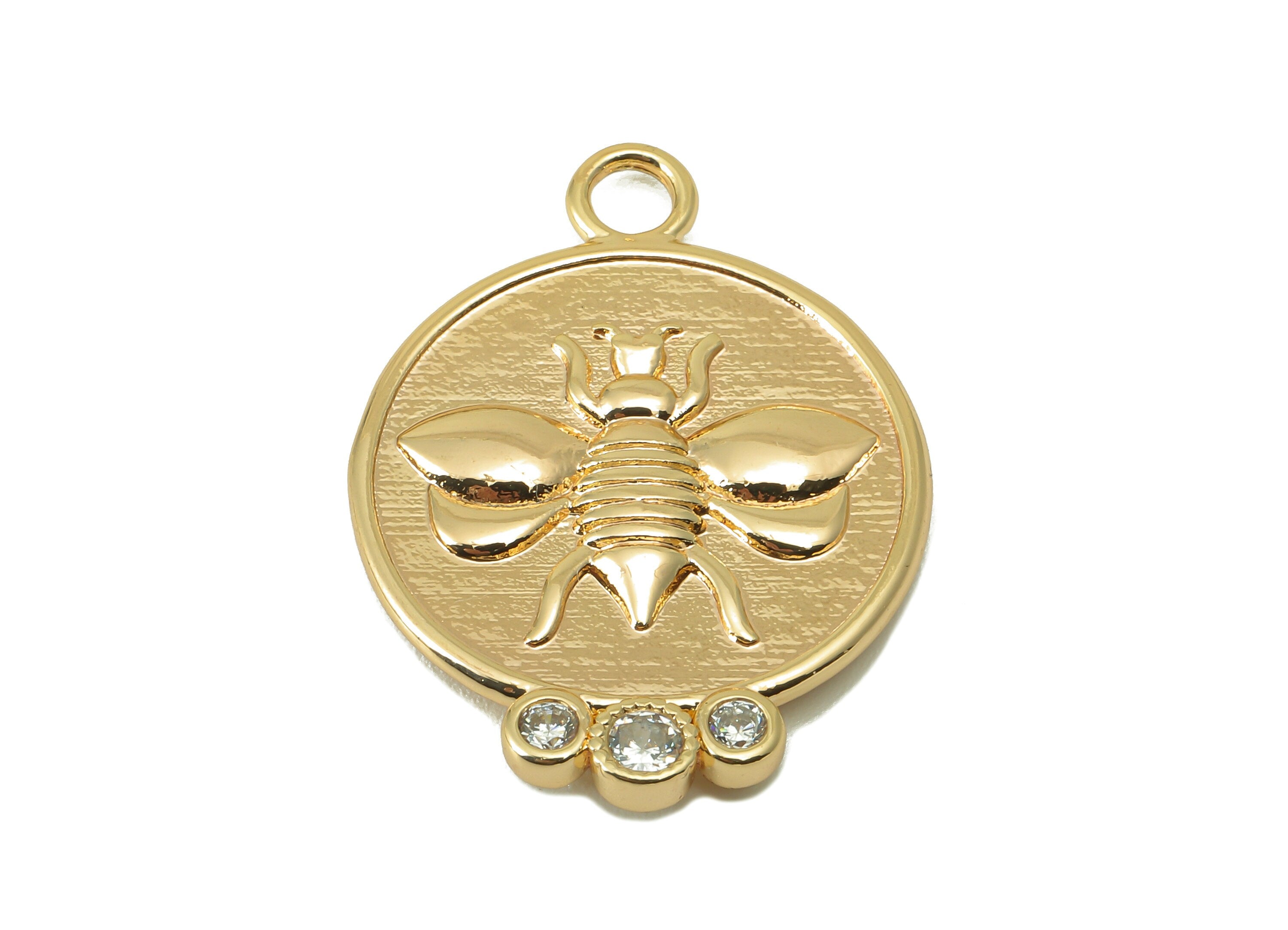 Brass Round Earring Charm - Brass Bee CZ Charm - Textured Animal Cubic Zirconia Pendant - 18K Real Gold Plated - 31x 22.81 x 2.64mm- RGP5950 - DOMEDBAZAAR