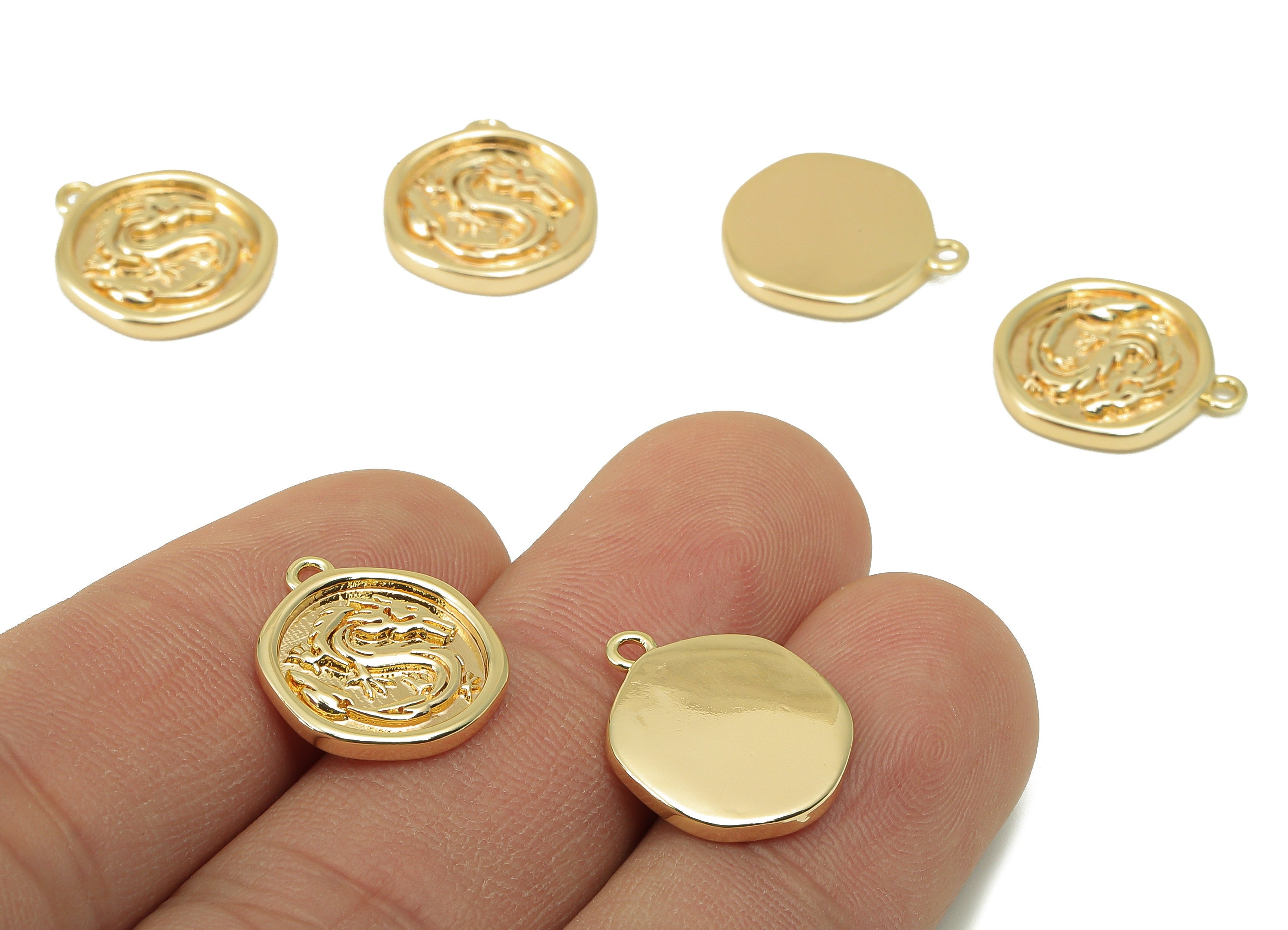 Brass Round Earring Charm - Brass Dragon Charm - Textured Animal Pendant - 18K Real Gold Plated - 16.46 x 13.91 x 1.9mm- RGP5954 - DOMEDBAZAAR