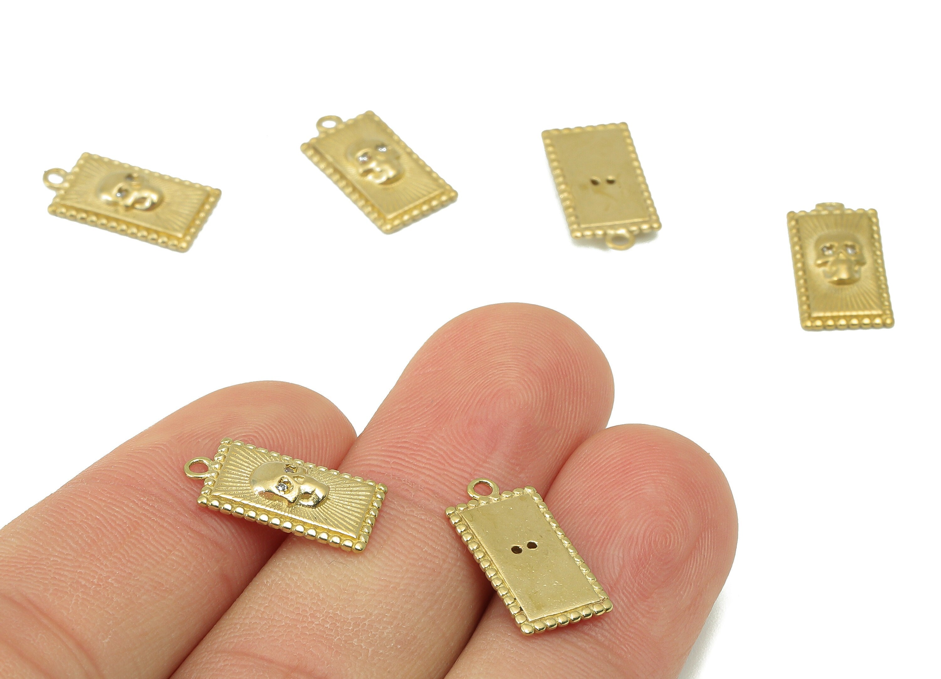 Brass Rectangular Earring Charm - Brass Cubic Zircon Skull Pendant - Textured Rectangle Necklace- Jewelry Making-16 x 8 x 2.56mm-PP8330 - DOMEDBAZAAR