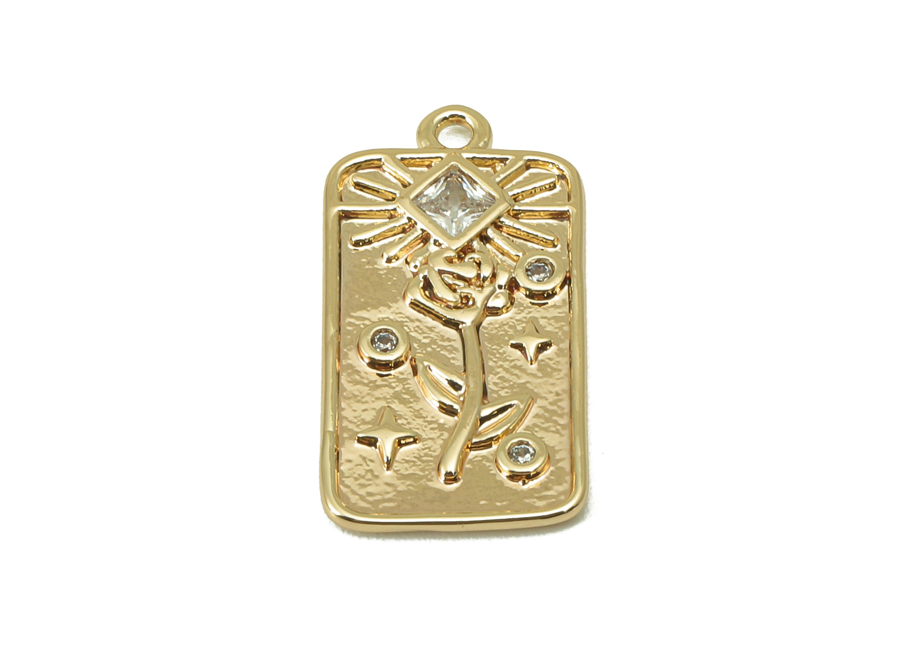 Brass Rectangle Earring Charm - Flower Princess CZ Charm - Textured Cubic Zirconia Pendant - 18K Real Gold Plated - 19x9.95x 1.55mm- RGP5955 - DOMEDBAZAAR