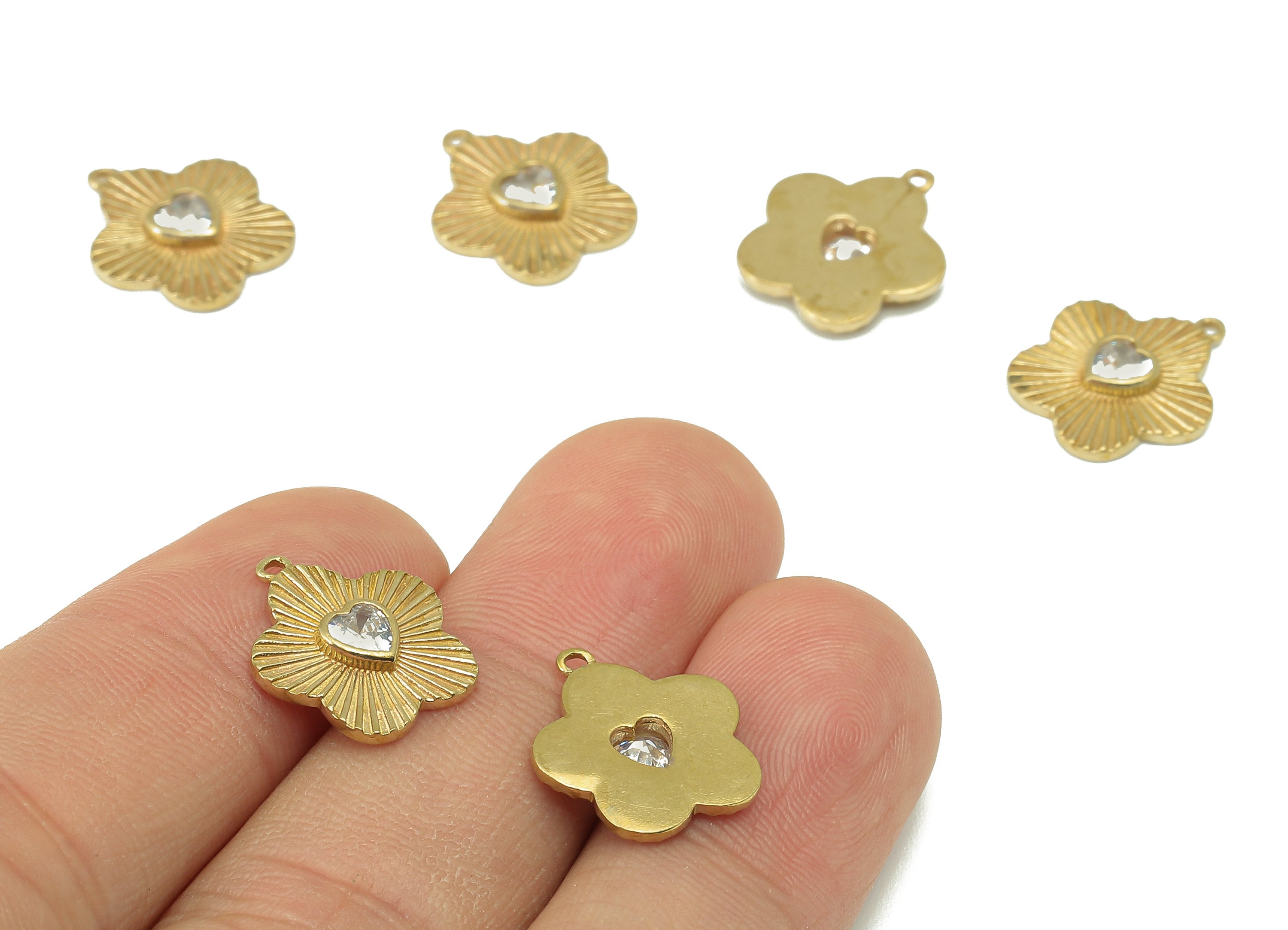 Brass Flower Earring Charms -Raw Brass Texture Petal Shaped Pendant-Cubic Zircon-Botanical Charm-For Jewelry Making-15x 13x 2.4mm-PP8326 - DOMEDBAZAAR