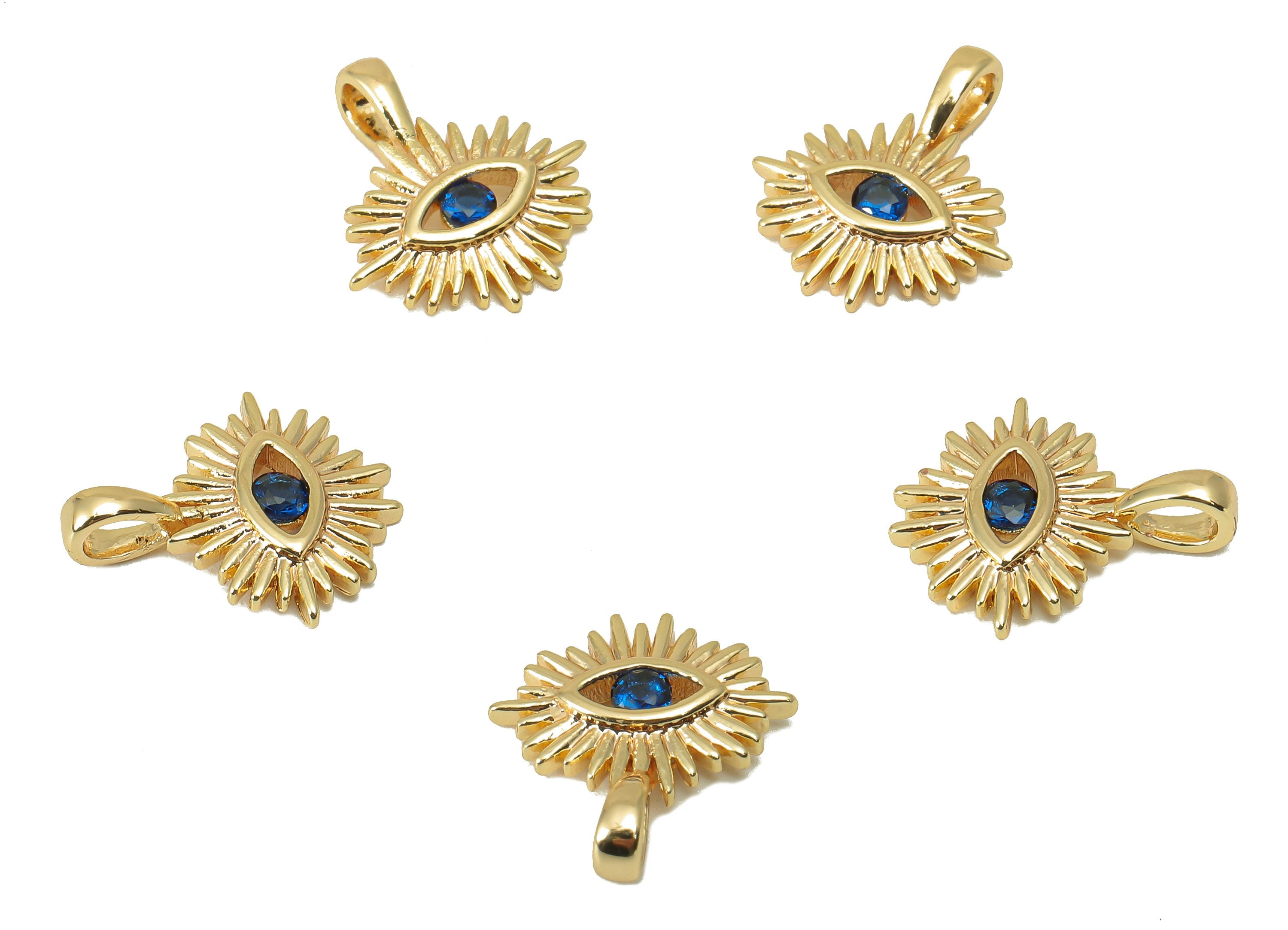 Brass Sun Eye Earring Charm - Sun Eye CZ Charm - Blue Cubic Zirconia Pendant - For Necklace -18K Real Gold Plated - 14x12.96x1.86mm- RGP5957 - DOMEDBAZAAR