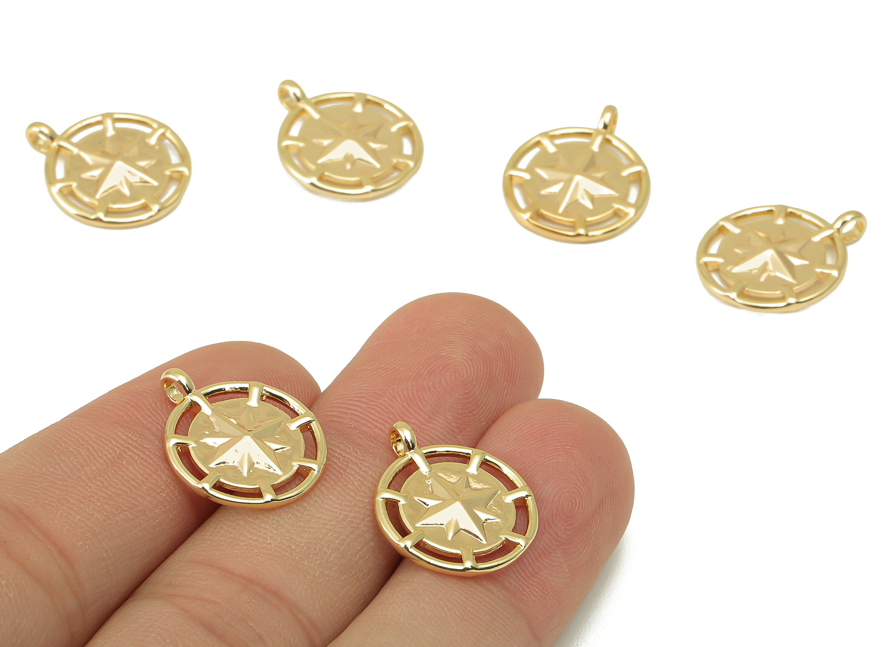 Brass Round Earring Charm - Brass North Star Charm - Brass Cubic Star Pendant - 18K Real Gold Plated -18.75 x 15.47 x 2.9mm - RGP5962 - DOMEDBAZAAR