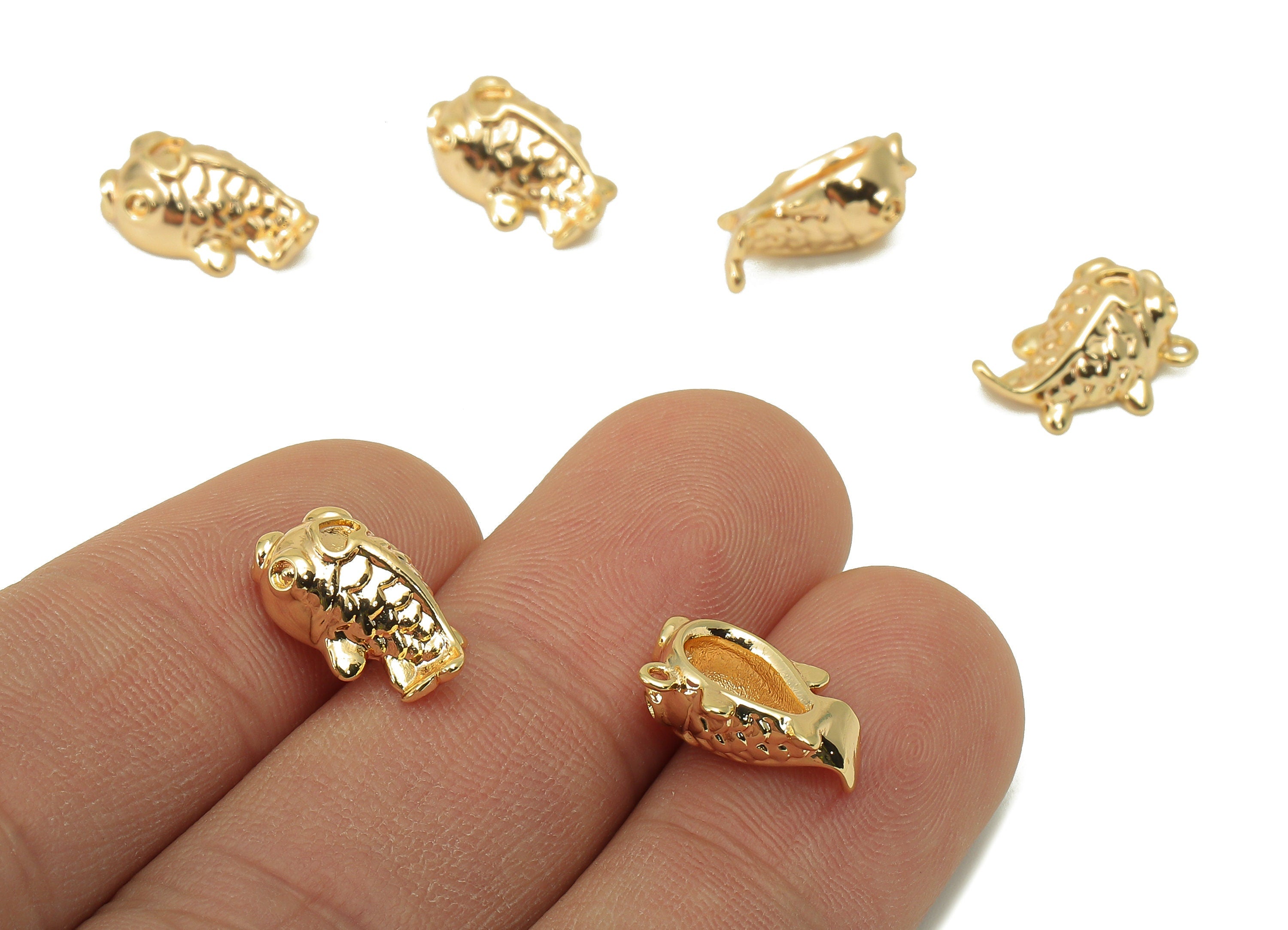 Brass Fish Earring Charm - Brass Textured Goldfish Charm - Cubic Animal Pendant -DIY Finding - 18K Real Gold Plated -14x10 x 2.2mm - RGP5964 - DOMEDBAZAAR
