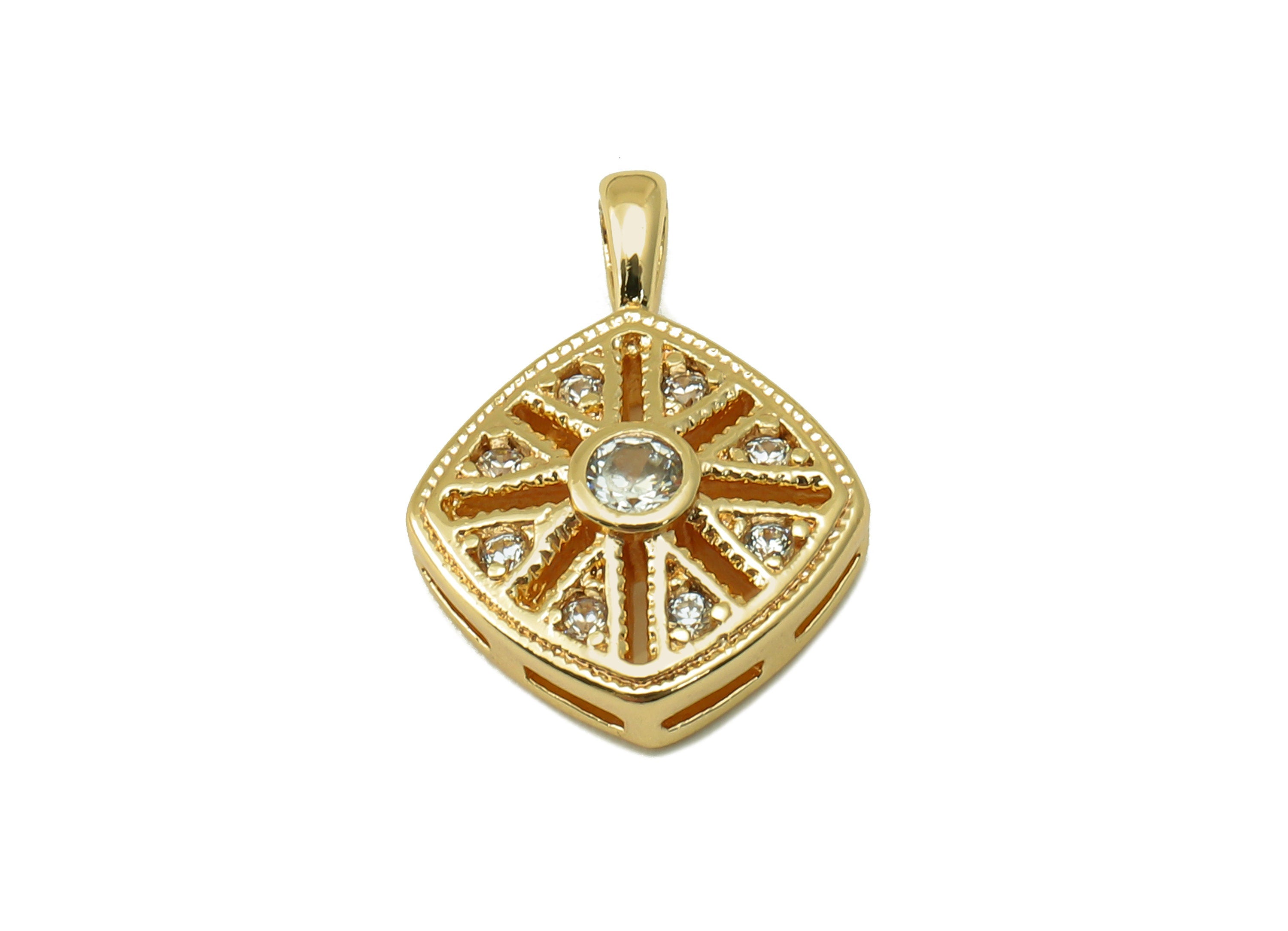 Brass Square Earring Charm - Brass Cubic Zircon Square Pendant - For Necklace - 18K Genuine Gold Plated Brass - 15.65x11.24x2.47mm -RGP6613 - DOMEDBAZAAR