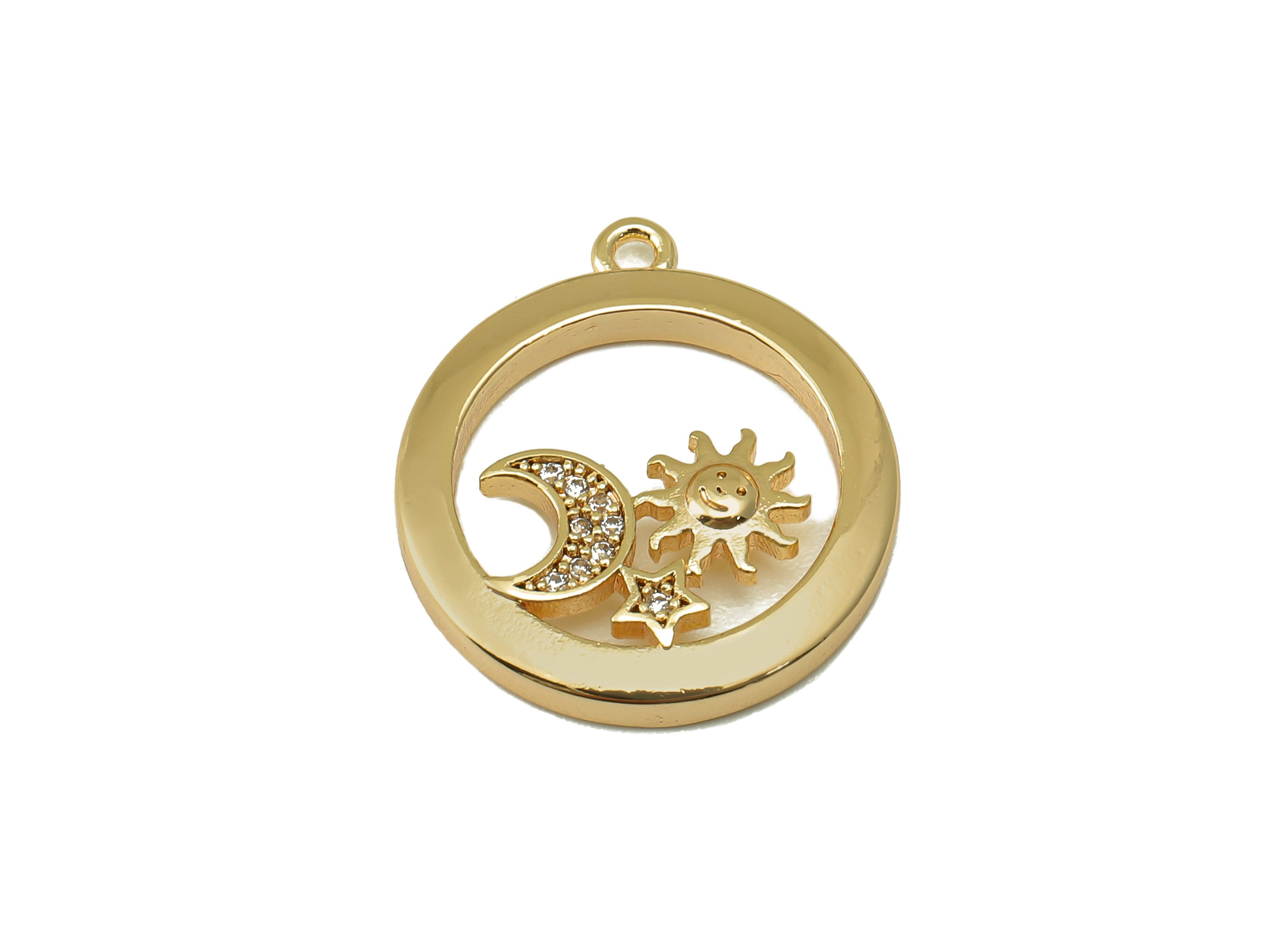 Brass Round Earring Charm - Brass Cubic Zircon Sun Crescent Pendant-CZ Gold Hollow Crescent Earring-18K Real Gold Plated-20x18x2.5mm-RGP6637 - DOMEDBAZAAR
