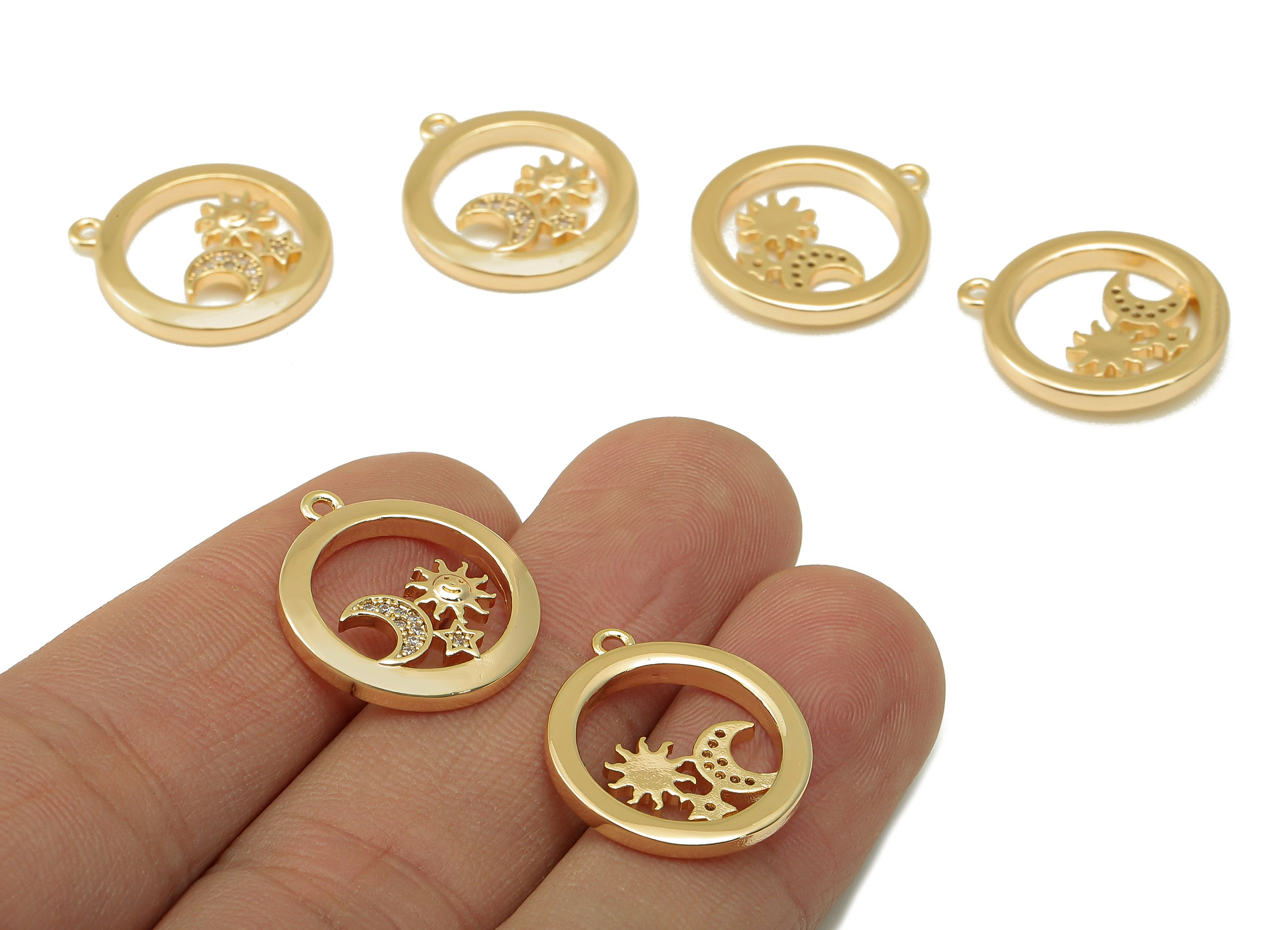 Brass Round Earring Charm - Brass Cubic Zircon Sun Crescent Pendant-CZ Gold Hollow Crescent Earring-18K Real Gold Plated-20x18x2.5mm-RGP6637 - DOMEDBAZAAR