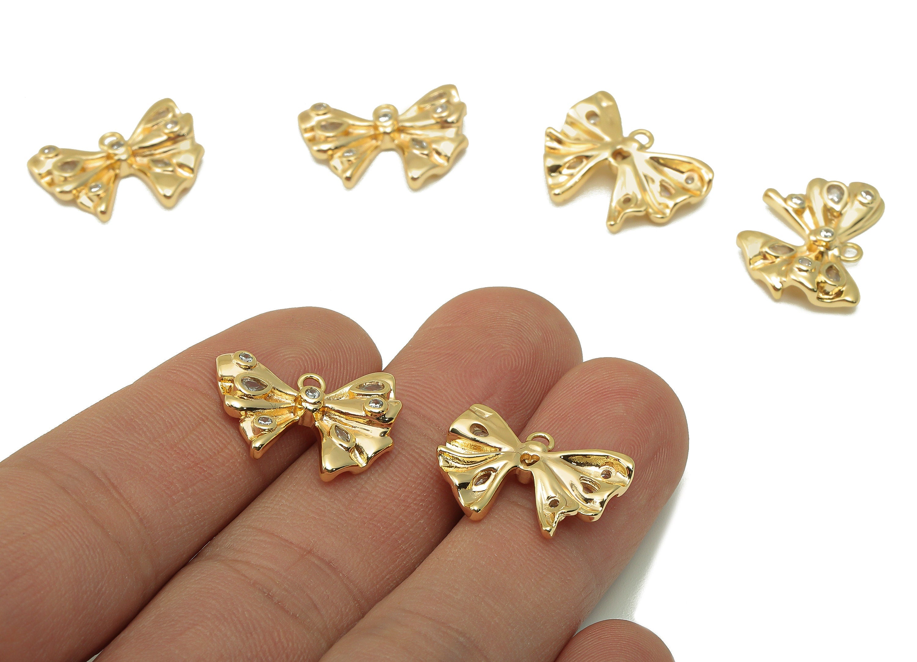 Brass Butterfly Earring Charm - Brass Gold Bow Tie Pendant - Cubiz Zircon Bow Tie Earring -18K Real Gold Plated Brass-14.8x18.66x3mm-RGP6638 - DOMEDBAZAAR