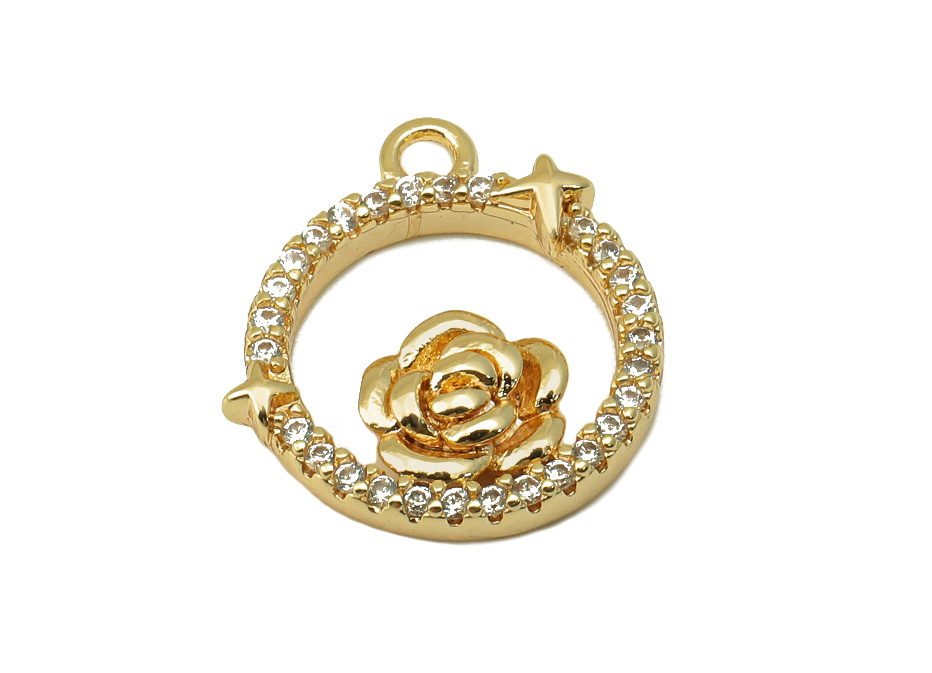Brass Circle Earring Charm - Brass Cubic Zircon Roes Star Pendant - CZ Gold Hollow Flower Earring-18K Real Gold Plated-15x13.6x2.8mm-RGP6640 - DOMEDBAZAAR