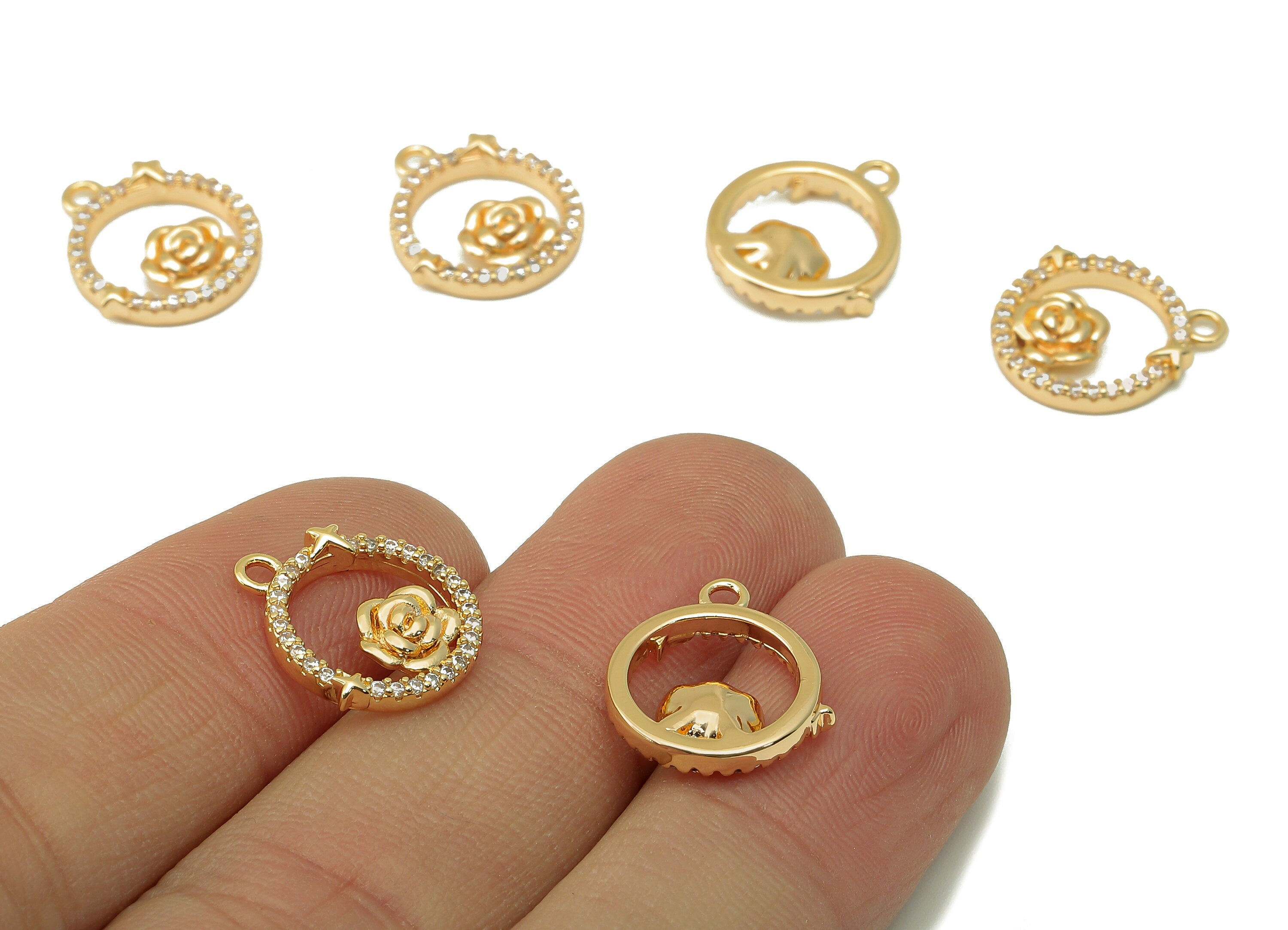 Brass Circle Earring Charm - Brass Cubic Zircon Roes Star Pendant - CZ Gold Hollow Flower Earring-18K Real Gold Plated-15x13.6x2.8mm-RGP6640 - DOMEDBAZAAR