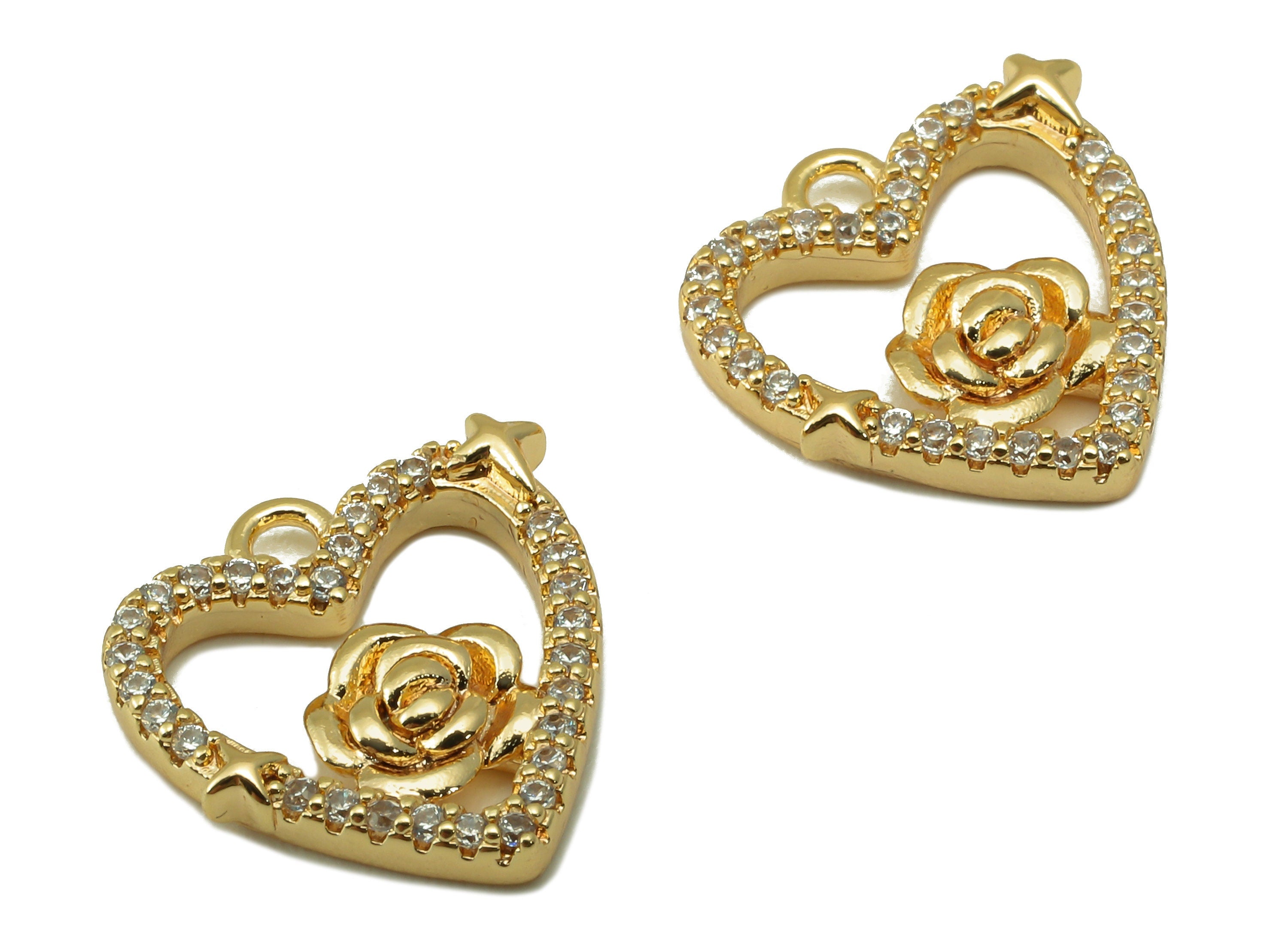 Brass Heart Earring Charm - Brass Cubic Zircon Heart Roes Pendant - CZ Gold Hollow Flower Earring-18K Real Gold Plated-14x13.7x2.6mm-RGP6642 - DOMEDBAZAAR