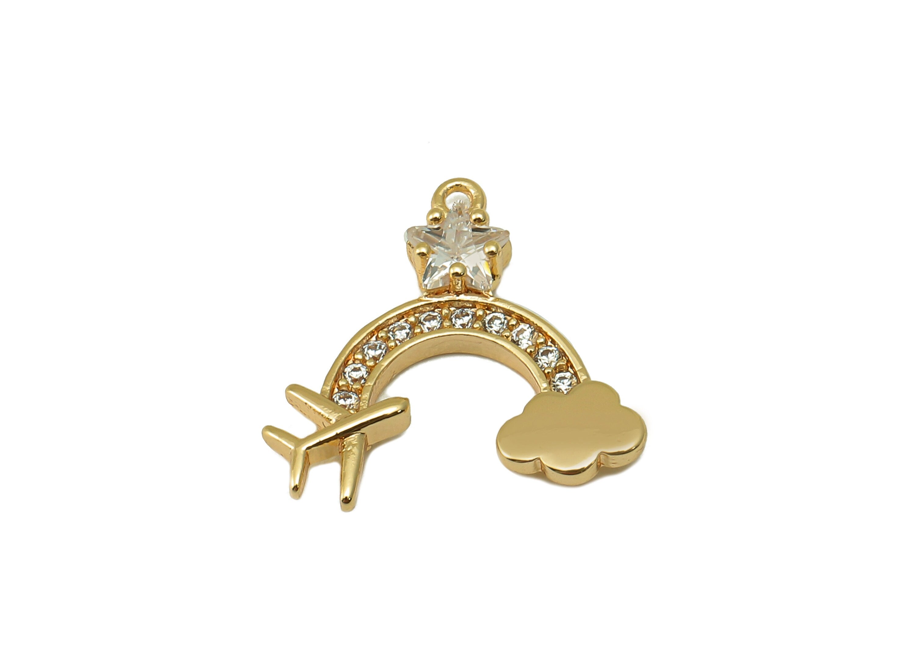 Brass Crescent Earring Charm - Brass Cubic Zircon Airpot Clouds Pendant - CZ Gold Star Earring -18K Real Gold Plated-15x15.5x 3.12mm-RGP6645 - DOMEDBAZAAR