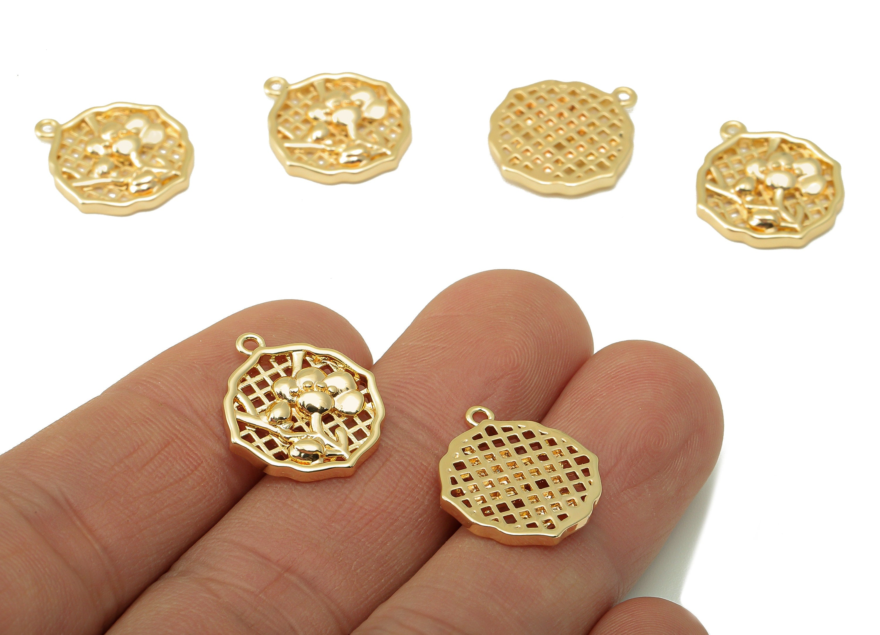 Brass Round Flower Earring - Brass Hollow Mesh Pendant - Flower Earring - For Necklace - 18K Real Gold Plated - 18.72x 16.44x 2.55mm-RGP6601 - DOMEDBAZAAR