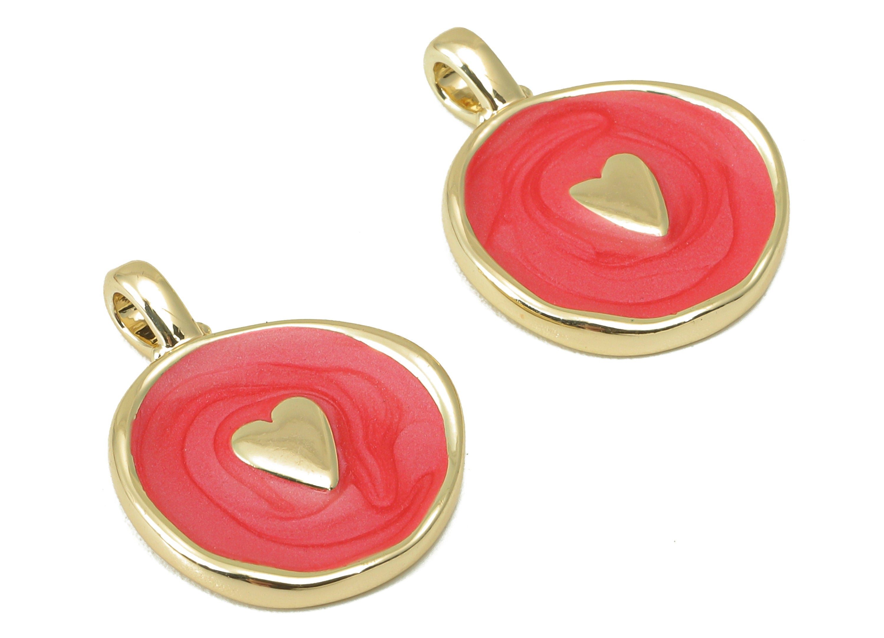 Brass Heart Earring Charm - Brass Red Enamel Heart Charm - Mini Heart Round Pendant -DIY Finding - 18K Real Gold Plated - 20x15x2mm- RGP5969 - DOMEDBAZAAR