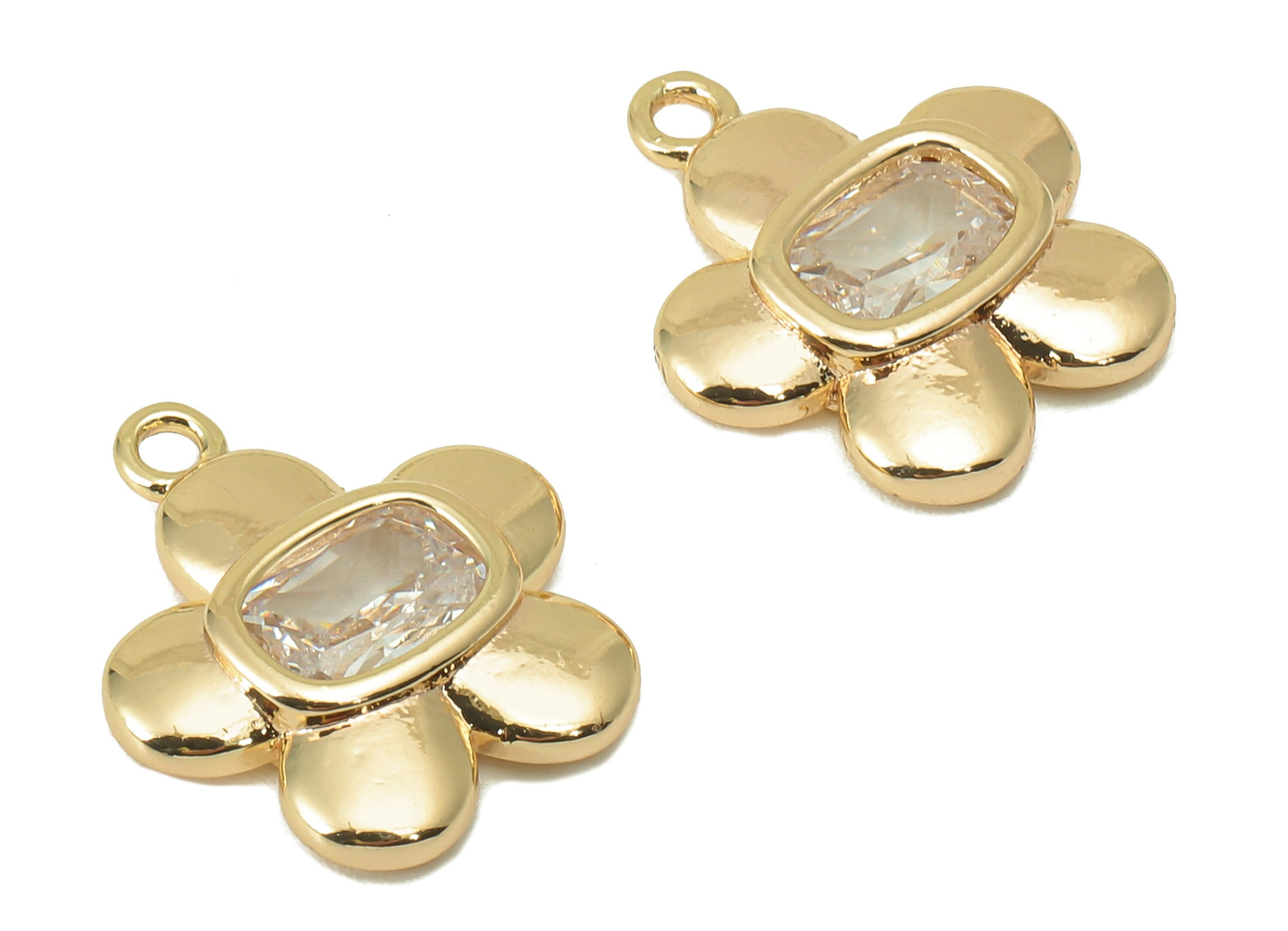 Brass Flower Earring Charm - Brass Cubic Zirconia Petal Charm - Brass Botanical CZ Pendant - 18K Real Gold Plated - 16.33x14.25x3mm- RGP5976 - DOMEDBAZAAR