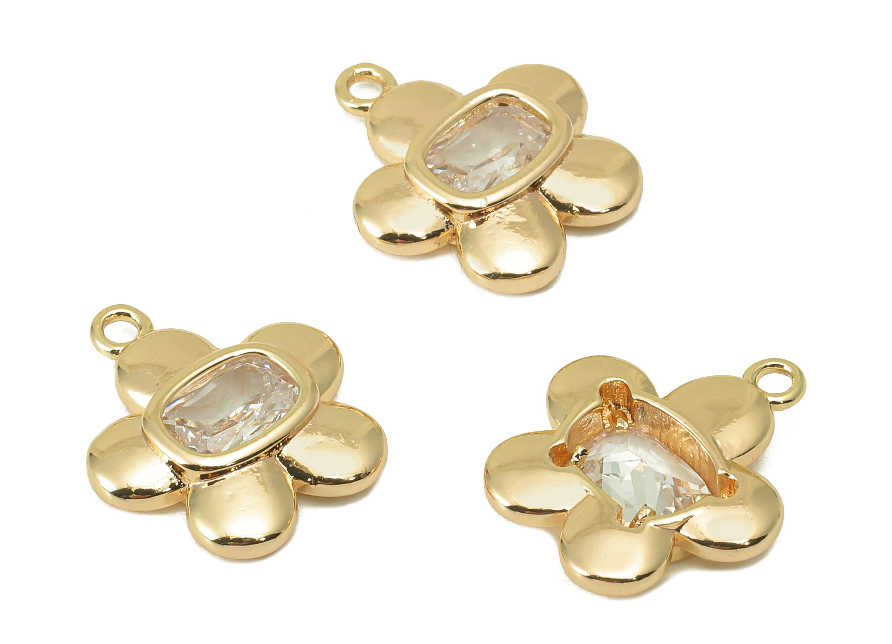 Brass Flower Earring Charm - Brass Cubic Zirconia Petal Charm - Brass Botanical CZ Pendant - 18K Real Gold Plated - 16.33x14.25x3mm- RGP5976 - DOMEDBAZAAR
