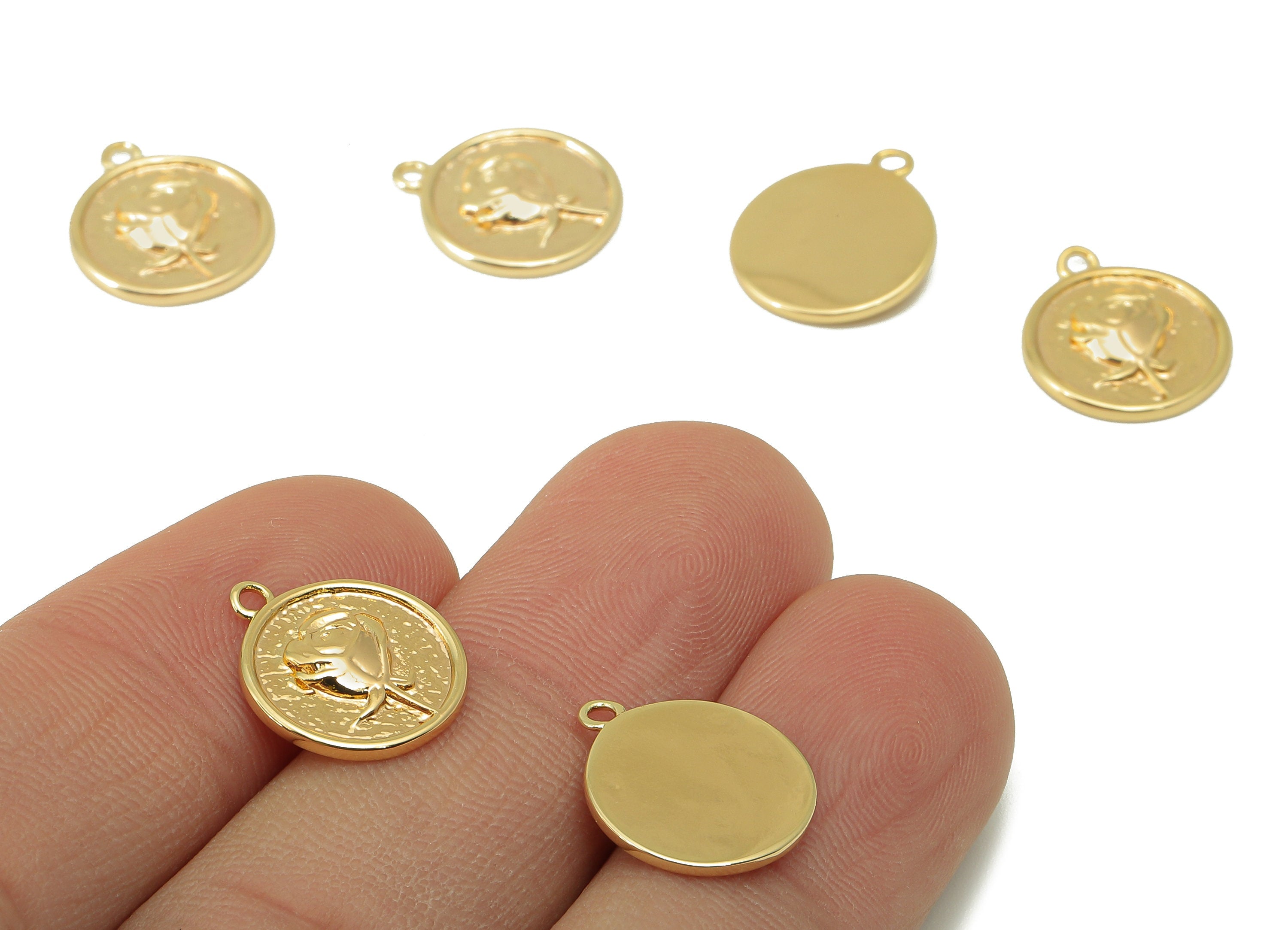Brass Round Earring Charm - Brass Rose Hammered Charm - Brass Flower Pendant - 18K Real Gold Plated - 14.86x12.66x1.91mm - RGP5992 - DOMEDBAZAAR