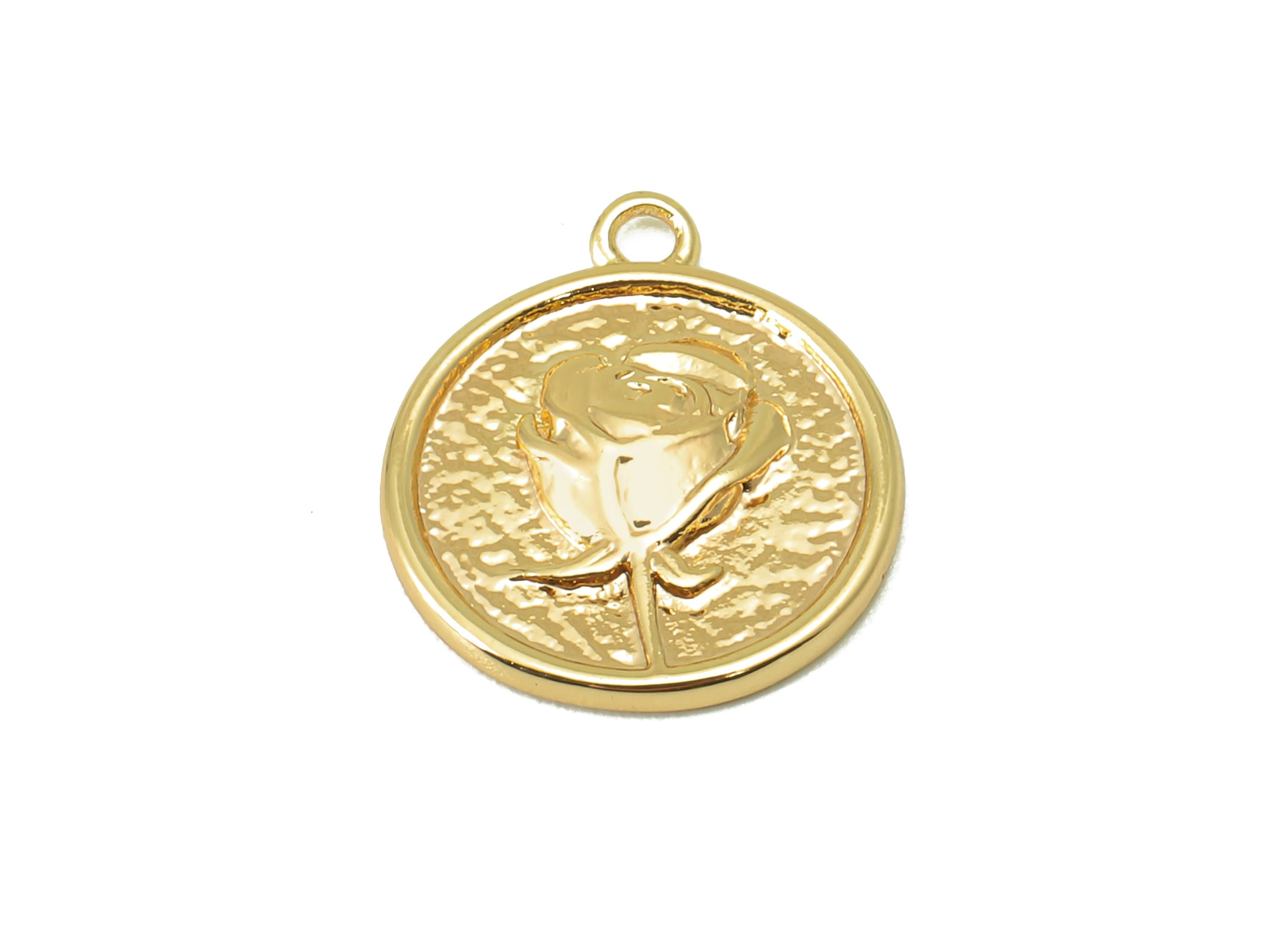 Brass Round Earring Charm - Brass Rose Hammered Charm - Brass Flower Pendant - 18K Real Gold Plated - 14.86x12.66x1.91mm - RGP5992 - DOMEDBAZAAR