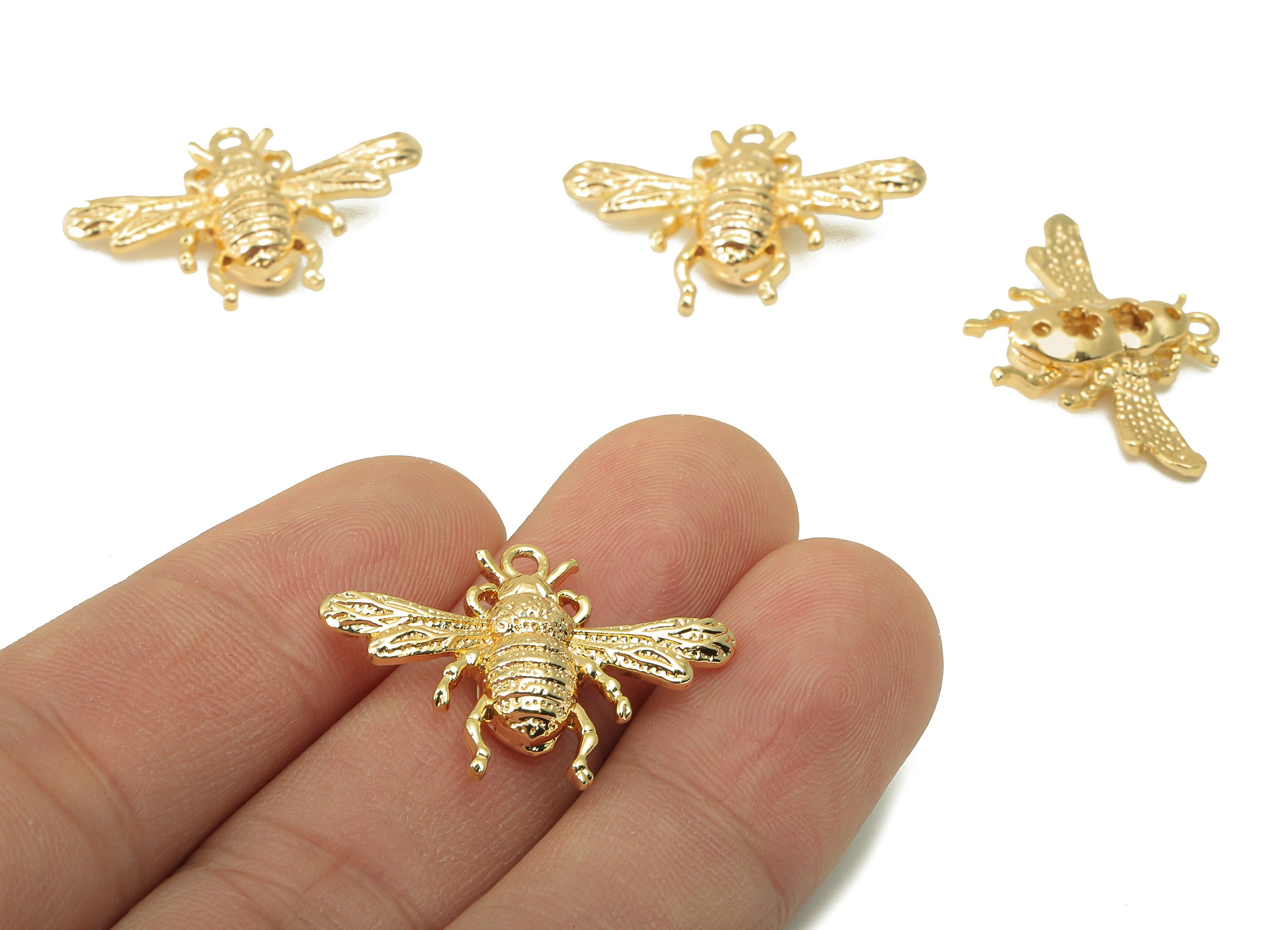 Brass Bee Earring Charm - Brass Animal Charm - Brass Bee Pendant - For Necklace - 18K Real Gold Plated -28.24 x 20.34 x 5.1mm - RGP6002 - DOMEDBAZAAR