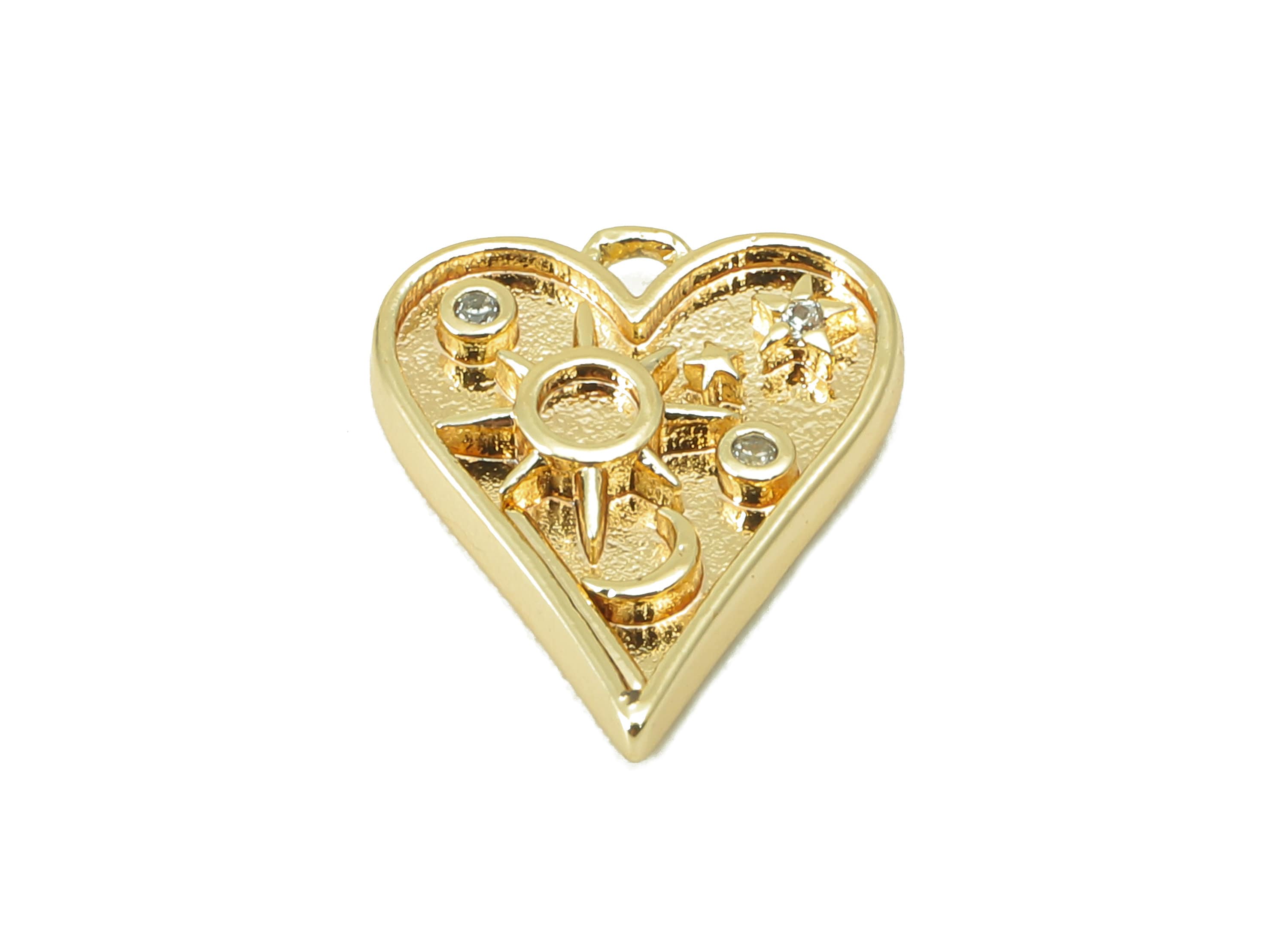 Brass Heart Earring Charm - Brass Cubic Zirconia Sun Charm - Crescent Star Pendant - For Necklace - 18K Real Gold Plated -13x11x2mm- RGP6005 - DOMEDBAZAAR