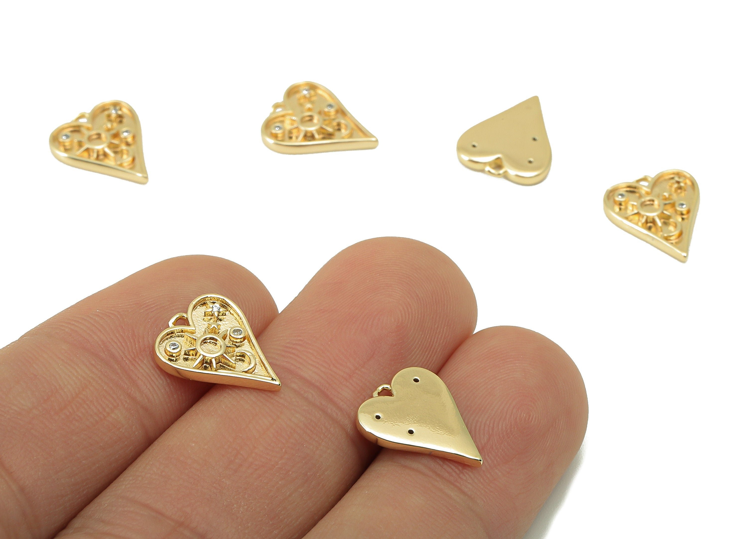 Brass Heart Earring Charm - Brass Cubic Zirconia Sun Charm - Crescent Star Pendant - For Necklace - 18K Real Gold Plated -13x11x2mm- RGP6005 - DOMEDBAZAAR