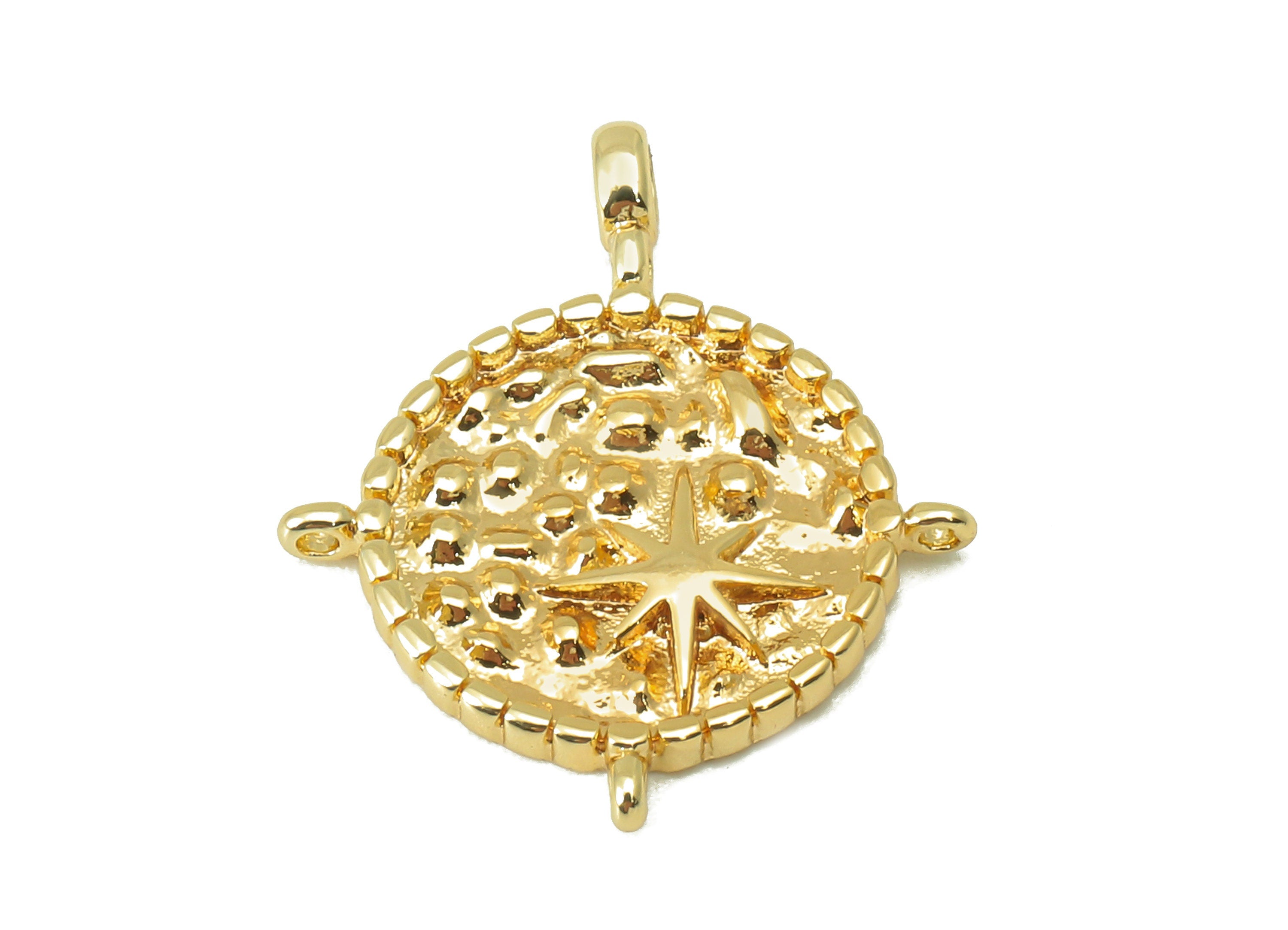 Brass Round Earring Charm - Brass Dot North Star Charm - Star With 3 Hoop Pendant - For Necklace - 18K Real Gold Plated -20x17x2mm- RGP6007 - DOMEDBAZAAR