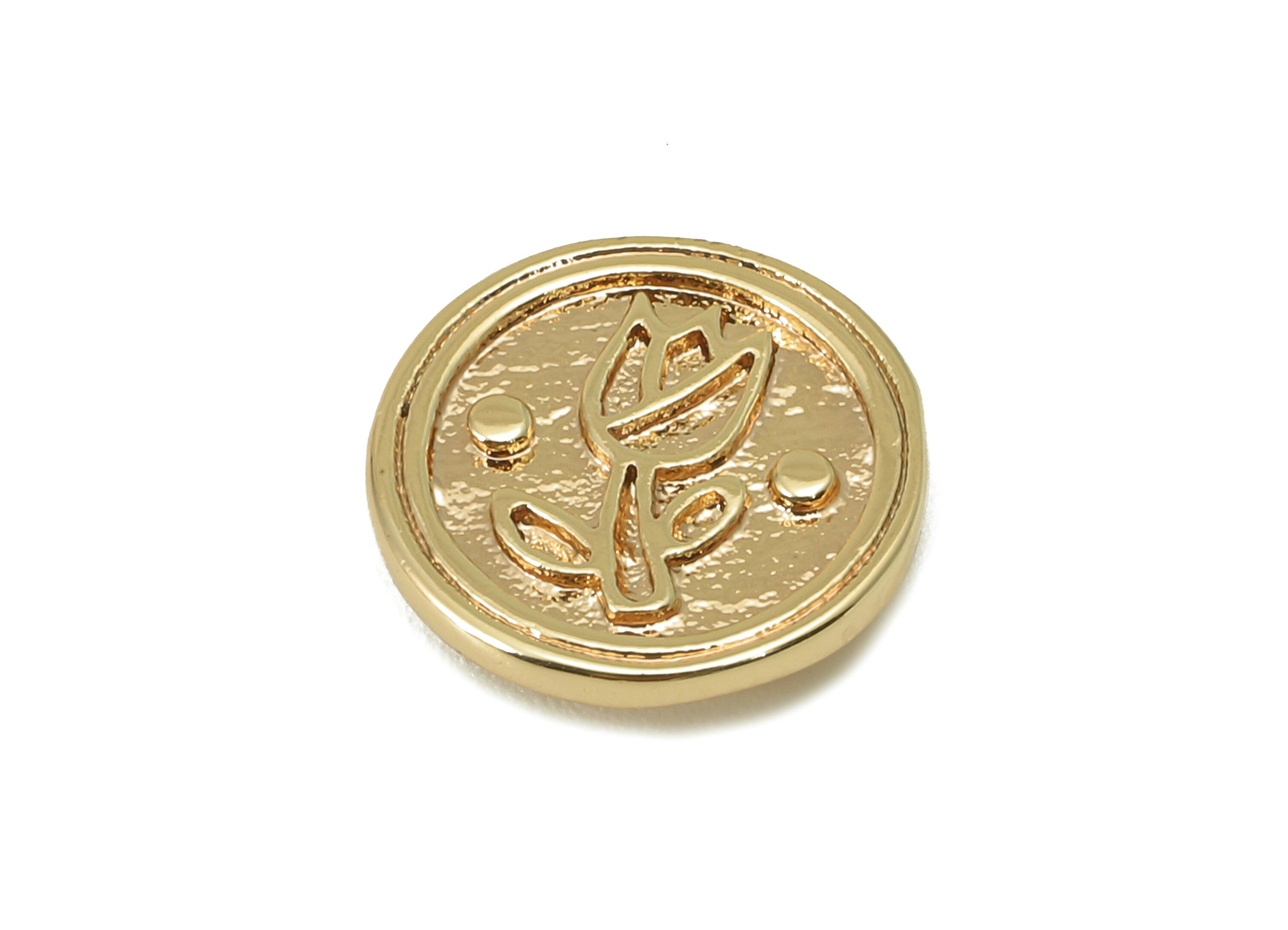 Brass Round Earring Charm - Brass Textured Rose Charm - Brass Flower Pendant - For Necklace - 18K Real Gold Plated -12.6x13x1.37mm- RGP6014 - DOMEDBAZAAR