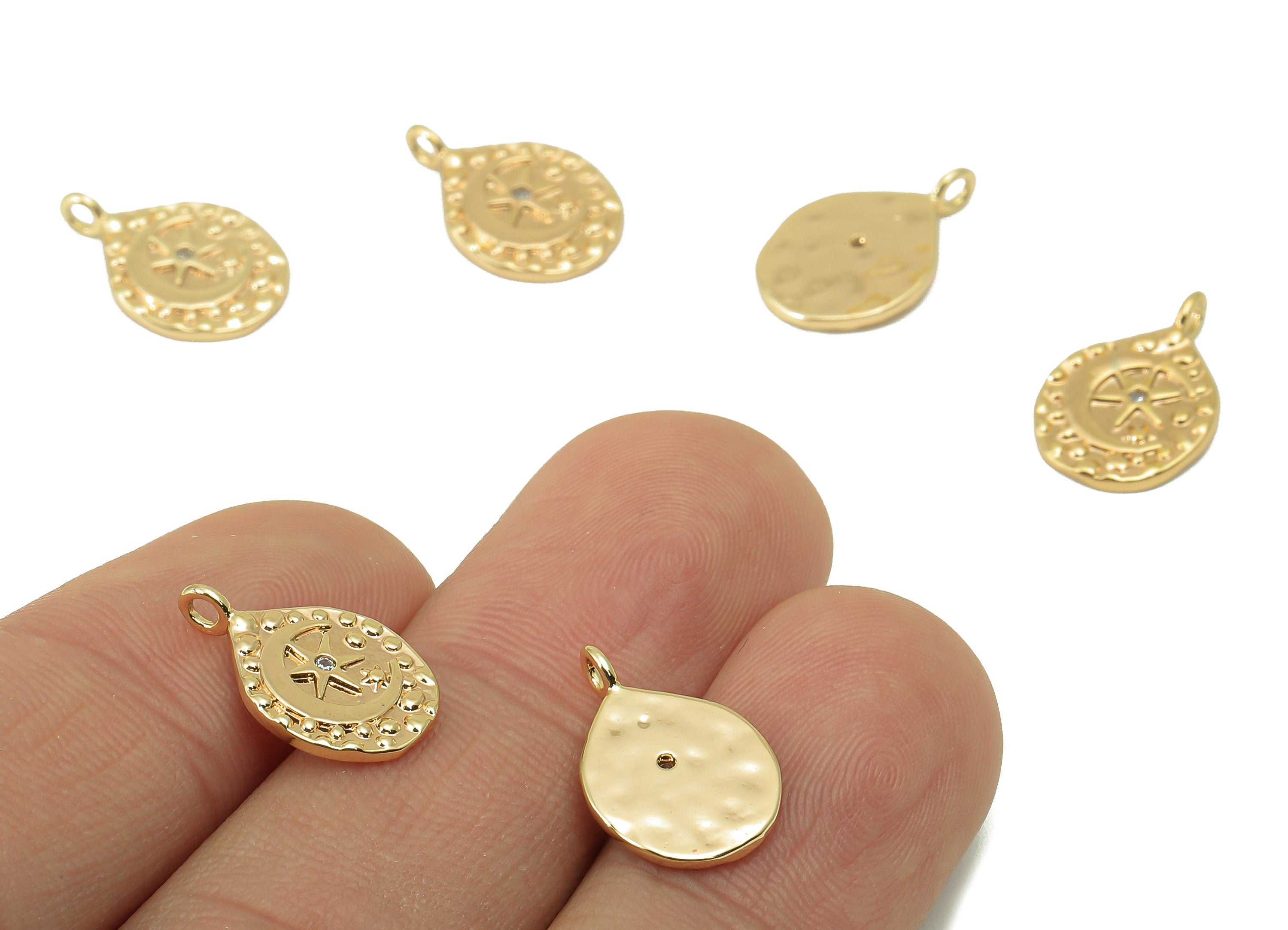 Brass Teardrop Earring Charm - Hammered Cubic Zirconia Star Charm - Dot Crescent Pendant-For Necklace-18K Real Gold Plated-15x10x1mm-RGP6042 - DOMEDBAZAAR