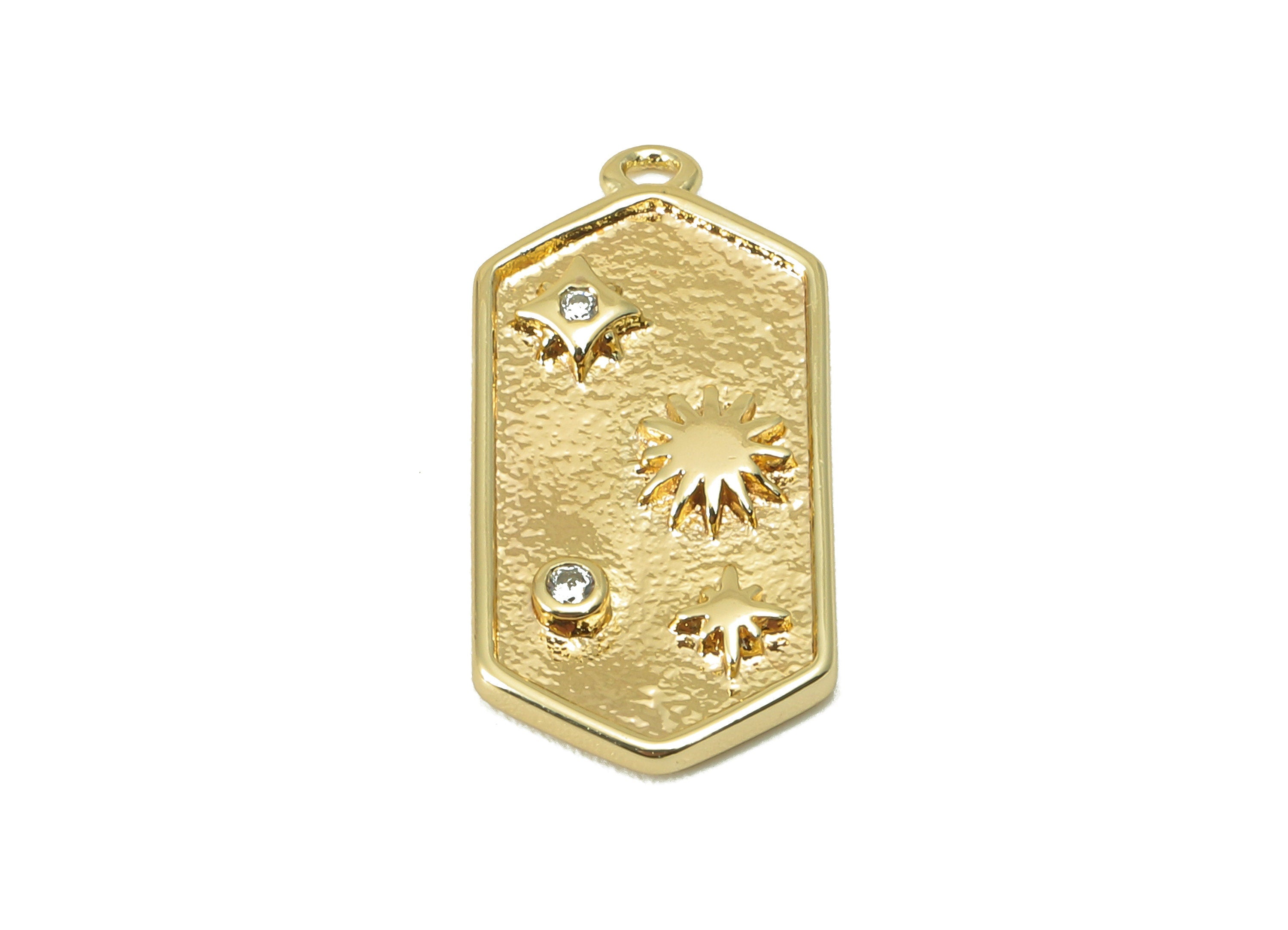 Brass Hexagon Earring Charm - Hammered Cubic Zirconia Star Charm -Brass Sun Pendant-For Necklace - 18K Real Gold Plated - 21x10x2mm -RGP6044 - DOMEDBAZAAR
