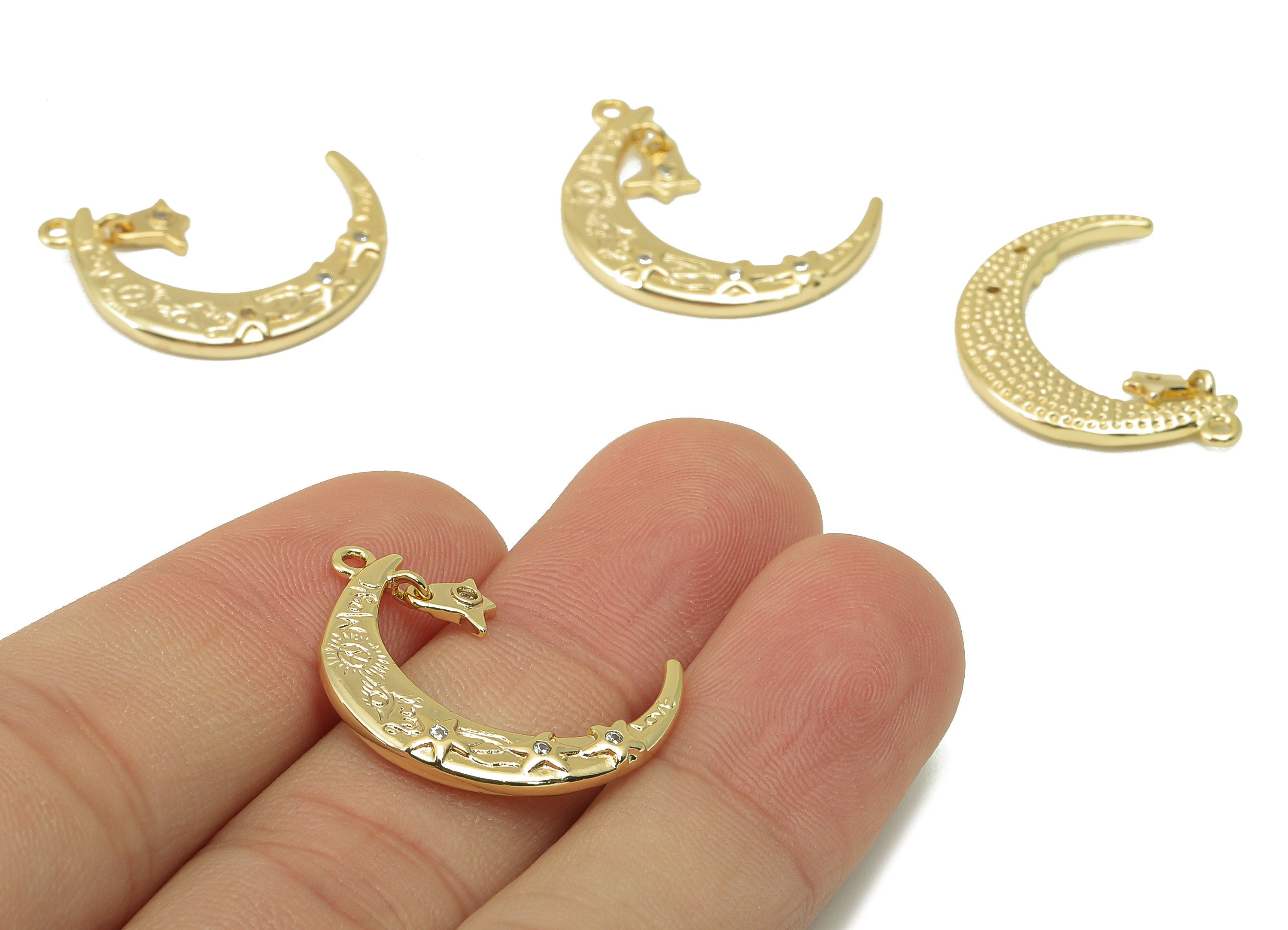 Brass Crescent Earring Charm - Brass Cubic Zirconia Star Charm - CZ Moon Pendant- For Necklace - 18K Real Gold Plated - 26x6x2mm-RGP6054 - DOMEDBAZAAR