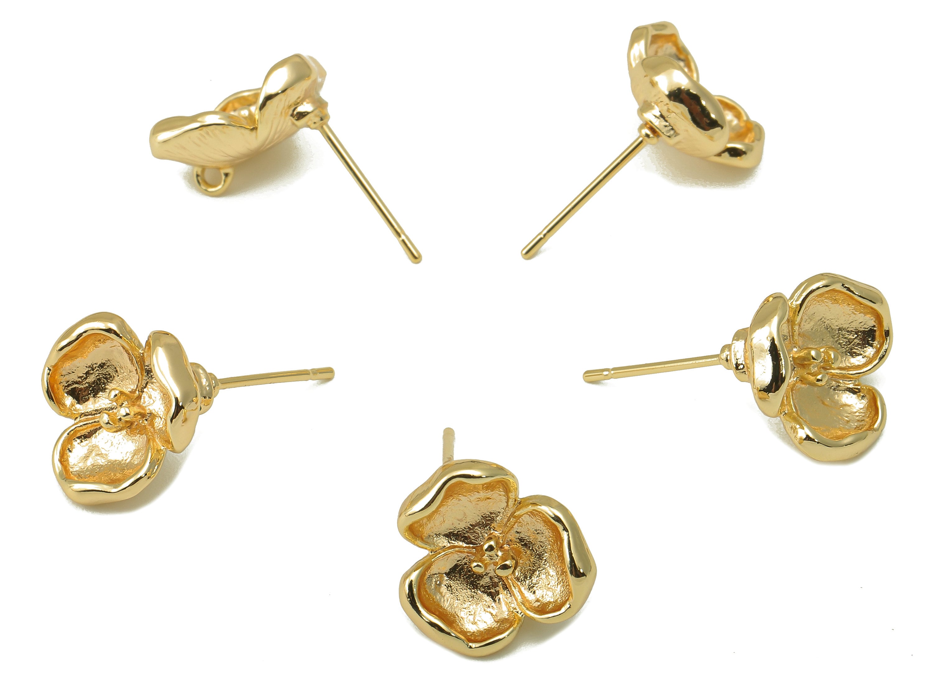 Brass Flower Earrings Stud - Waterlily Earring Post with Loop - Botanical Stud Earring - 18k real gold-plated brass-13x12x1mm- RGP6133 - DOMEDBAZAAR