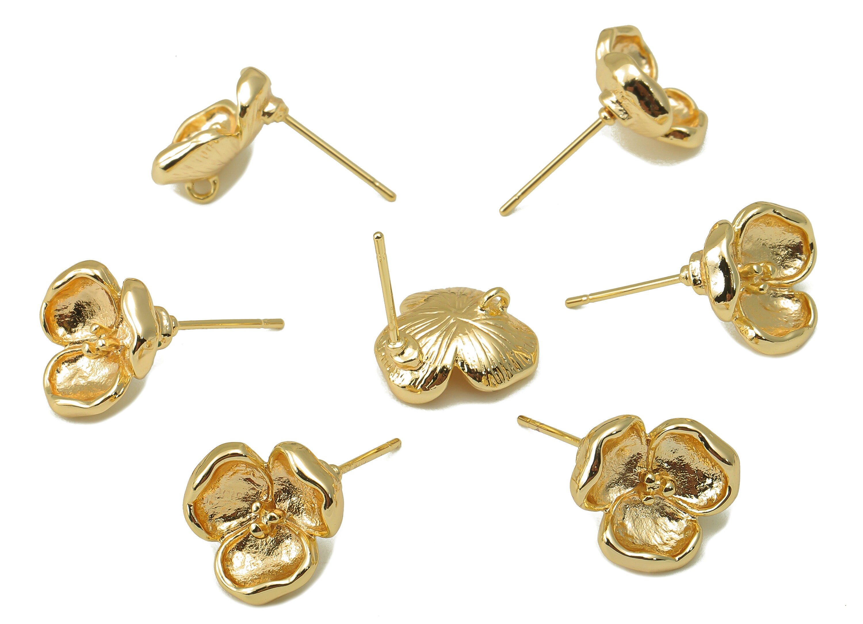Brass Flower Earrings Stud - Waterlily Earring Post with Loop - Botanical Stud Earring - 18k real gold-plated brass-13x12x1mm- RGP6133 - DOMEDBAZAAR