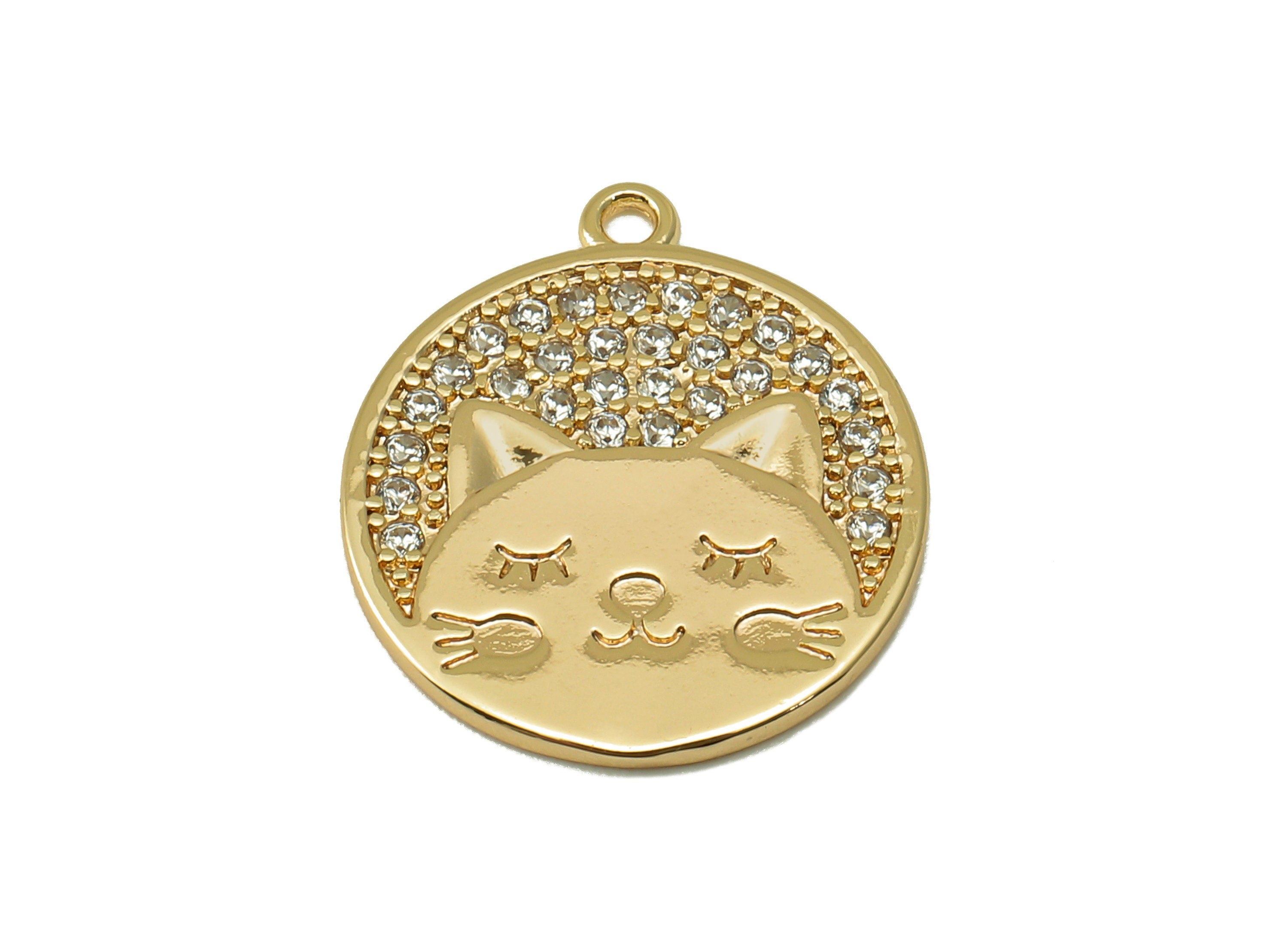 Brass Round Earring Charm - Brass Cubic Zircon Circle Cat - For Necklace - CZ Cat Pendant - Jewelry Making - 18.34x15.97x1.24mm-RGP6650 - DOMEDBAZAAR