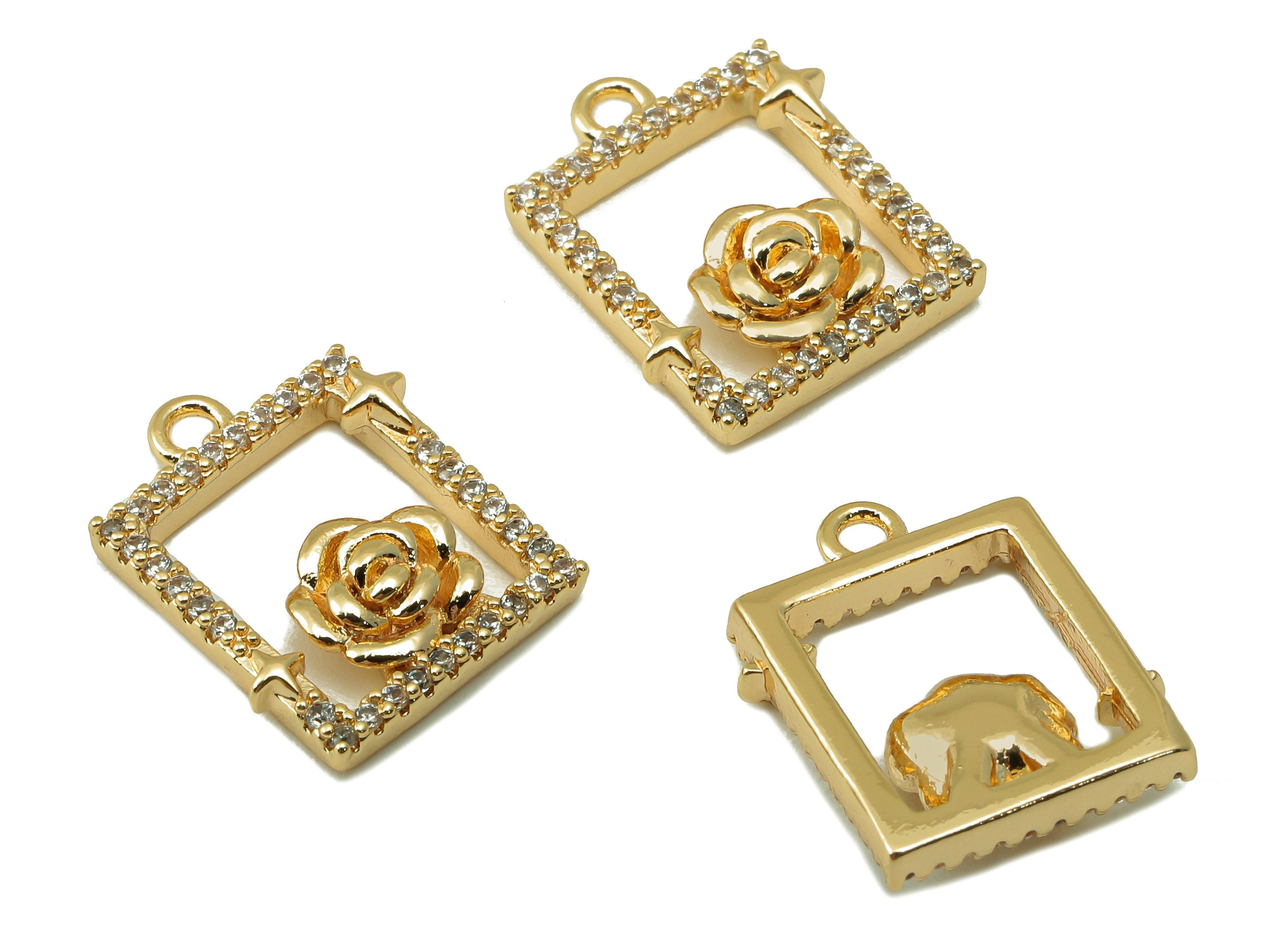 Brass Rectangle Earring Charm - Brass Cubic Zircon Roes Star Pendant - CZ Hollow Flower Earring-18K Real Gold Plated -15.5x12x3.08mm-RGP6652 - DOMEDBAZAAR