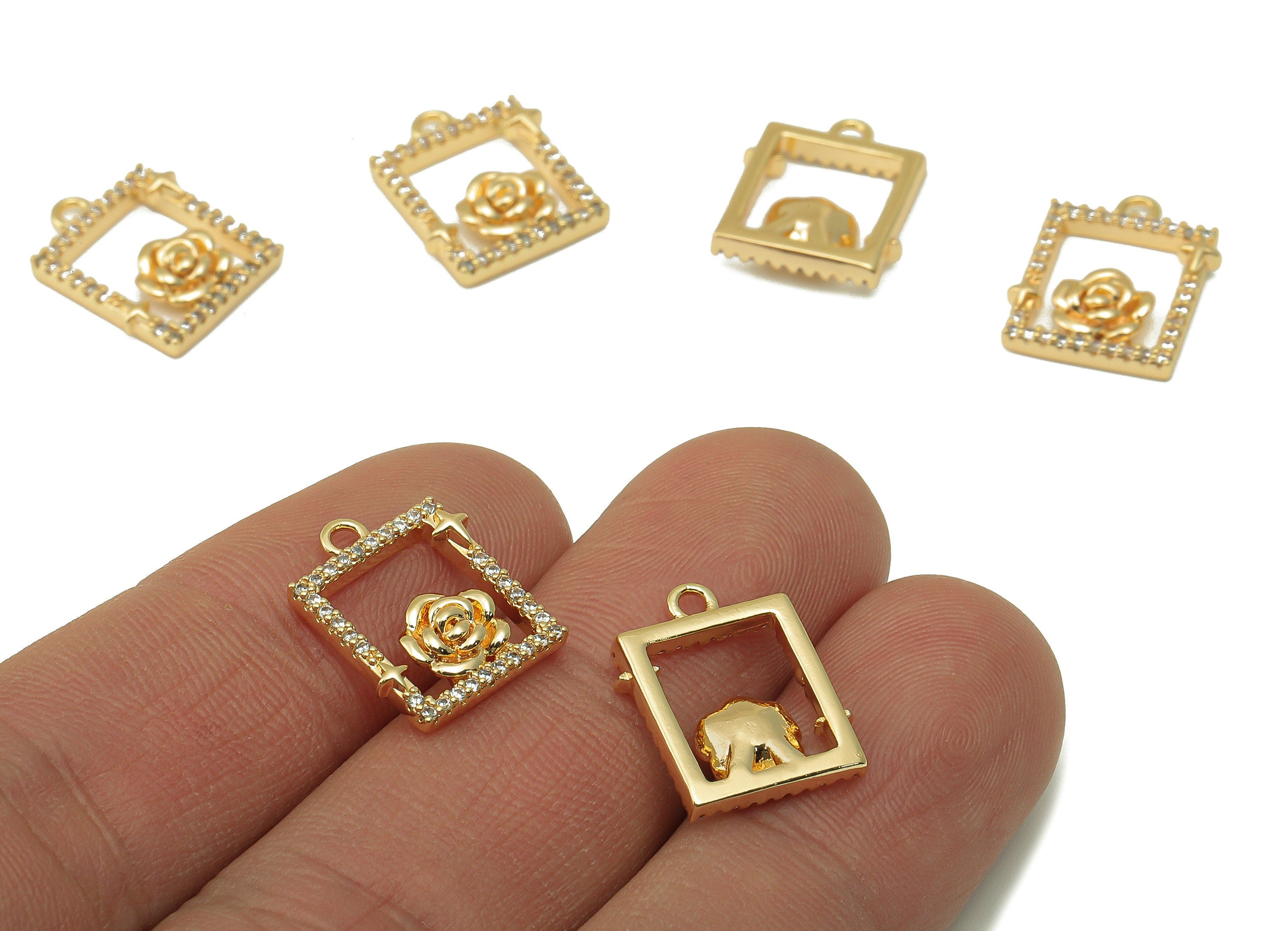 Brass Rectangle Earring Charm - Brass Cubic Zircon Roes Star Pendant - CZ Hollow Flower Earring-18K Real Gold Plated -15.5x12x3.08mm-RGP6652 - DOMEDBAZAAR