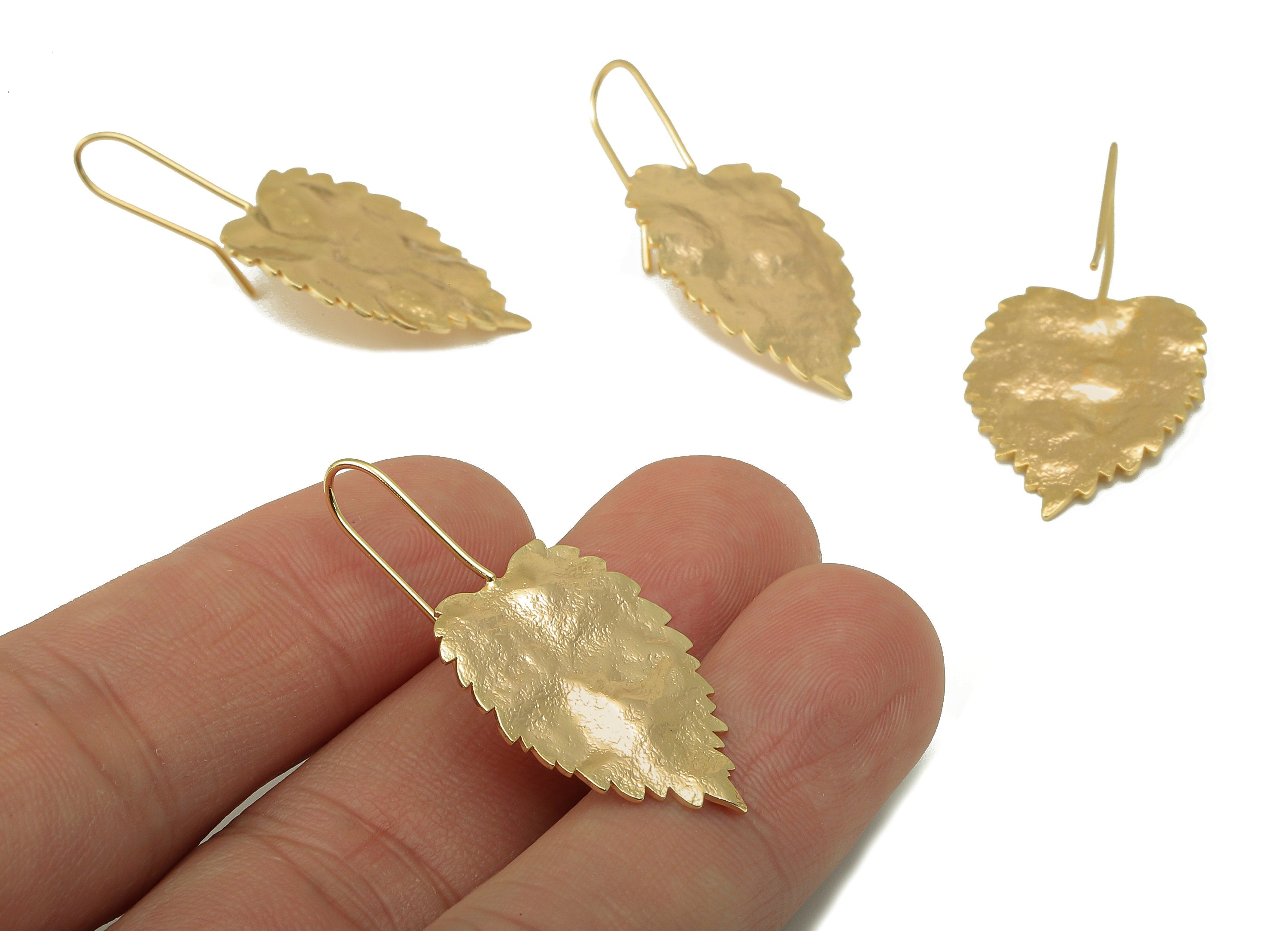 Brass Hammered Leaf Earrings - Gold Leaf Earring Wire - 18k real gold-plated brass- Plant Earring Stud - Earring Wire -39x19x1mm- RGP6140 - DOMEDBAZAAR