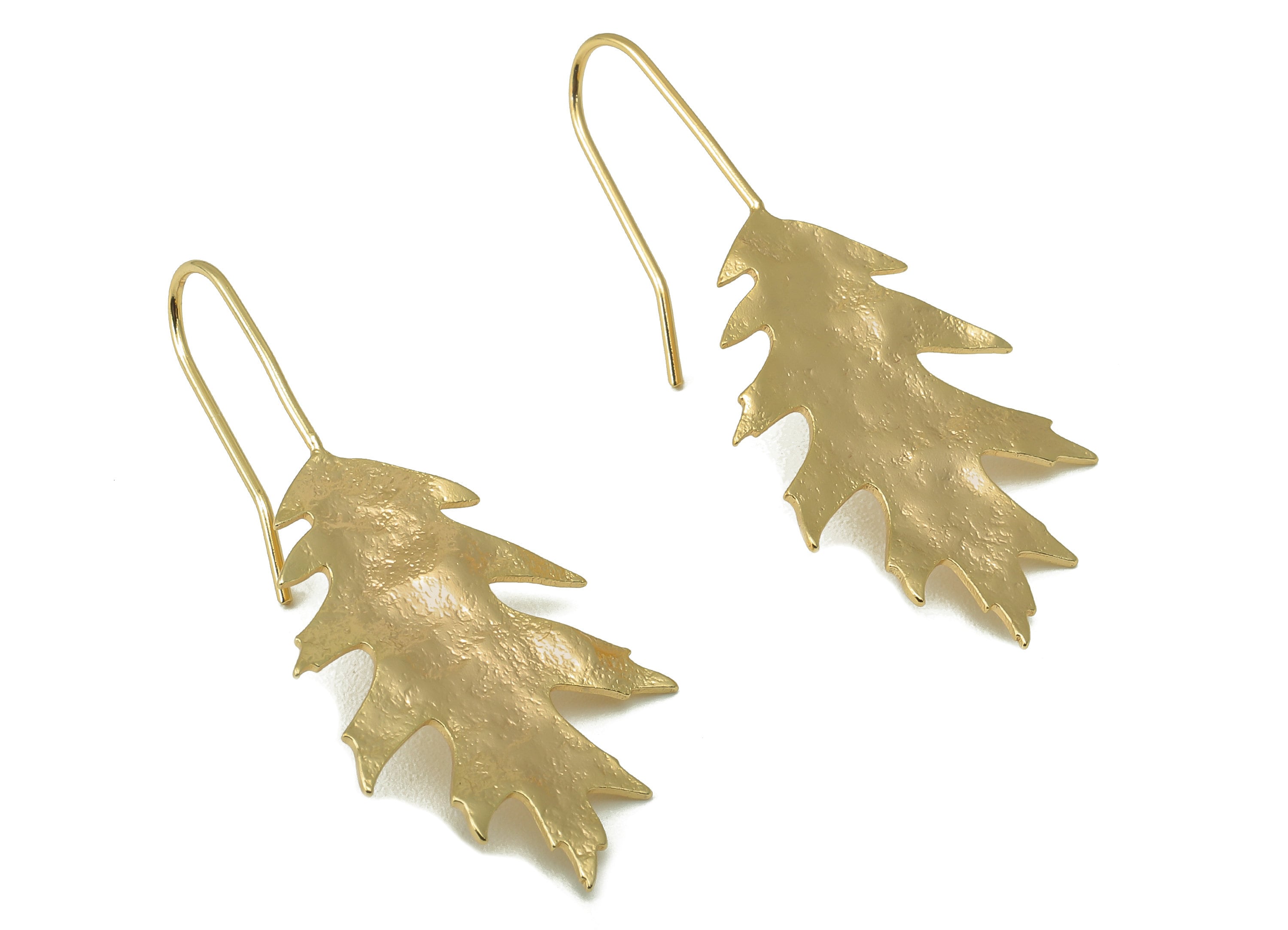 Brass Hammered Leaf Earrings - Gold pin Leaf Earring Wire - 18k real gold-plated brass- Plant Stud - Earring Post -39x19x1mm- RGP6141 - DOMEDBAZAAR
