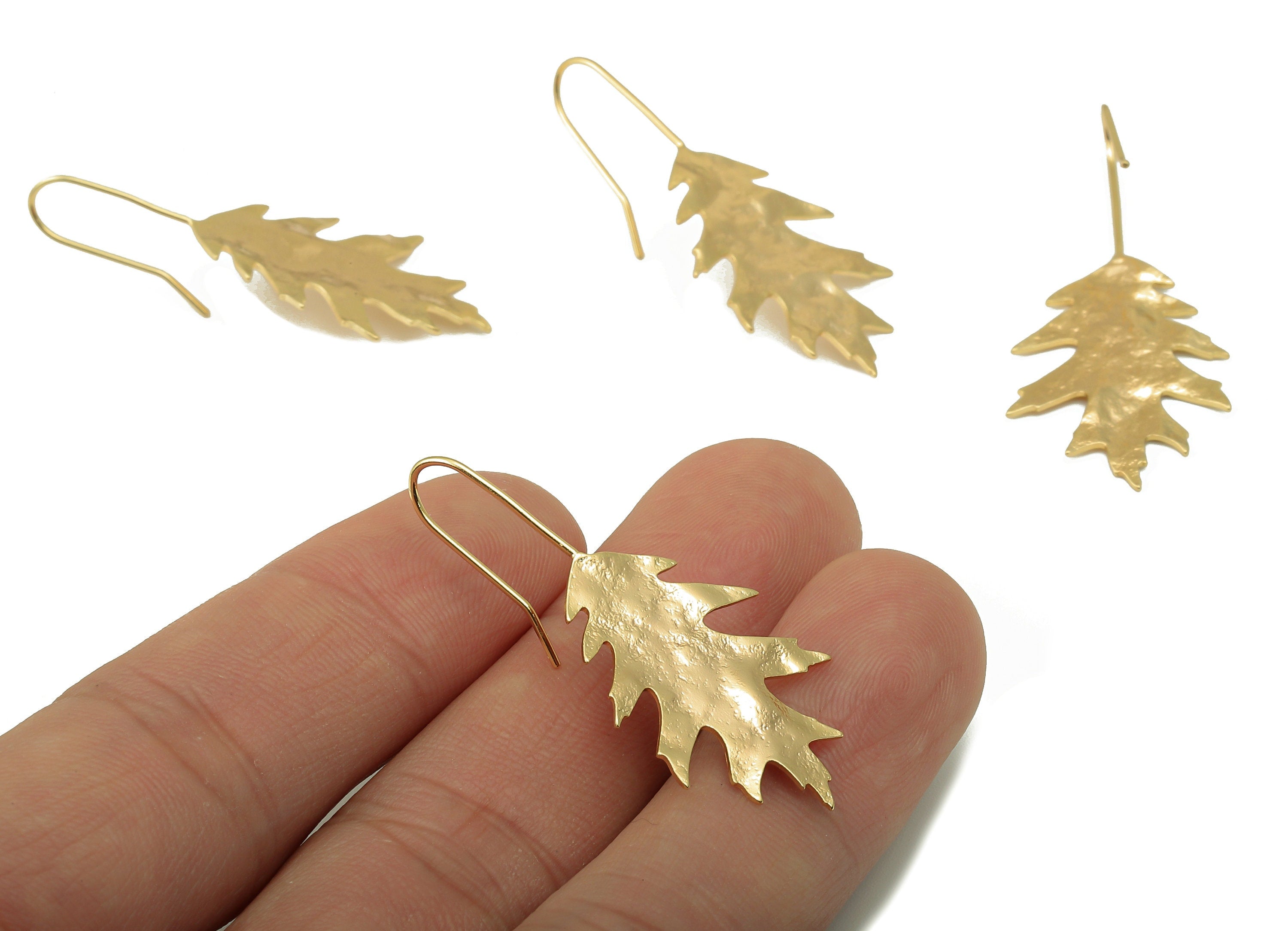 Brass Hammered Leaf Earrings - Gold pin Leaf Earring Wire - 18k real gold-plated brass- Plant Stud - Earring Post -39x19x1mm- RGP6141 - DOMEDBAZAAR