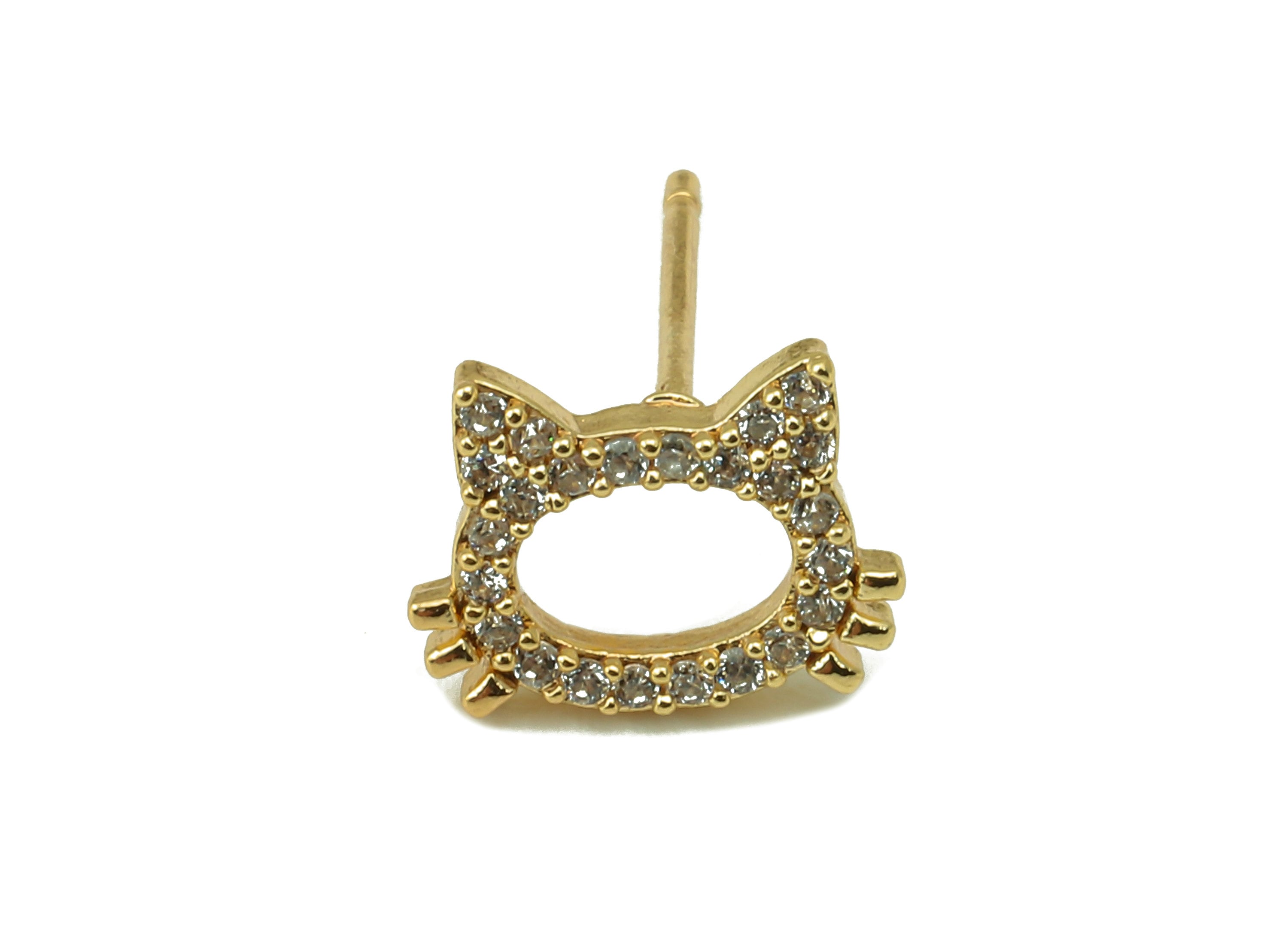 Brass Carved Cat Earring Post - Gold Cubic Zirconia Cat Earring Stud -CZ Animal Stud-18k real gold-plated brass- 9x7x2mm- RGP6147 - DOMEDBAZAAR